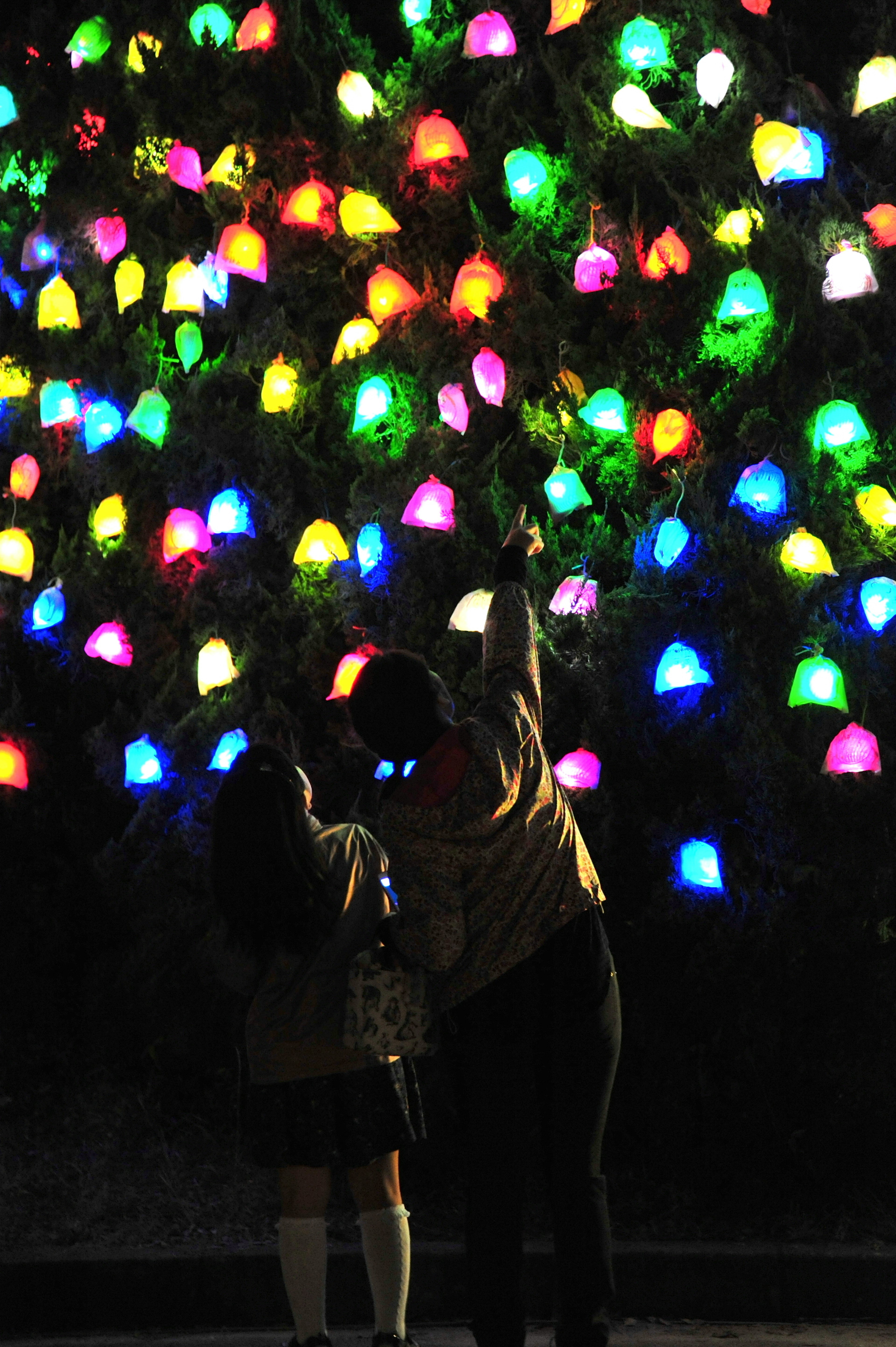 Two children reaching towards a colorful light display at night