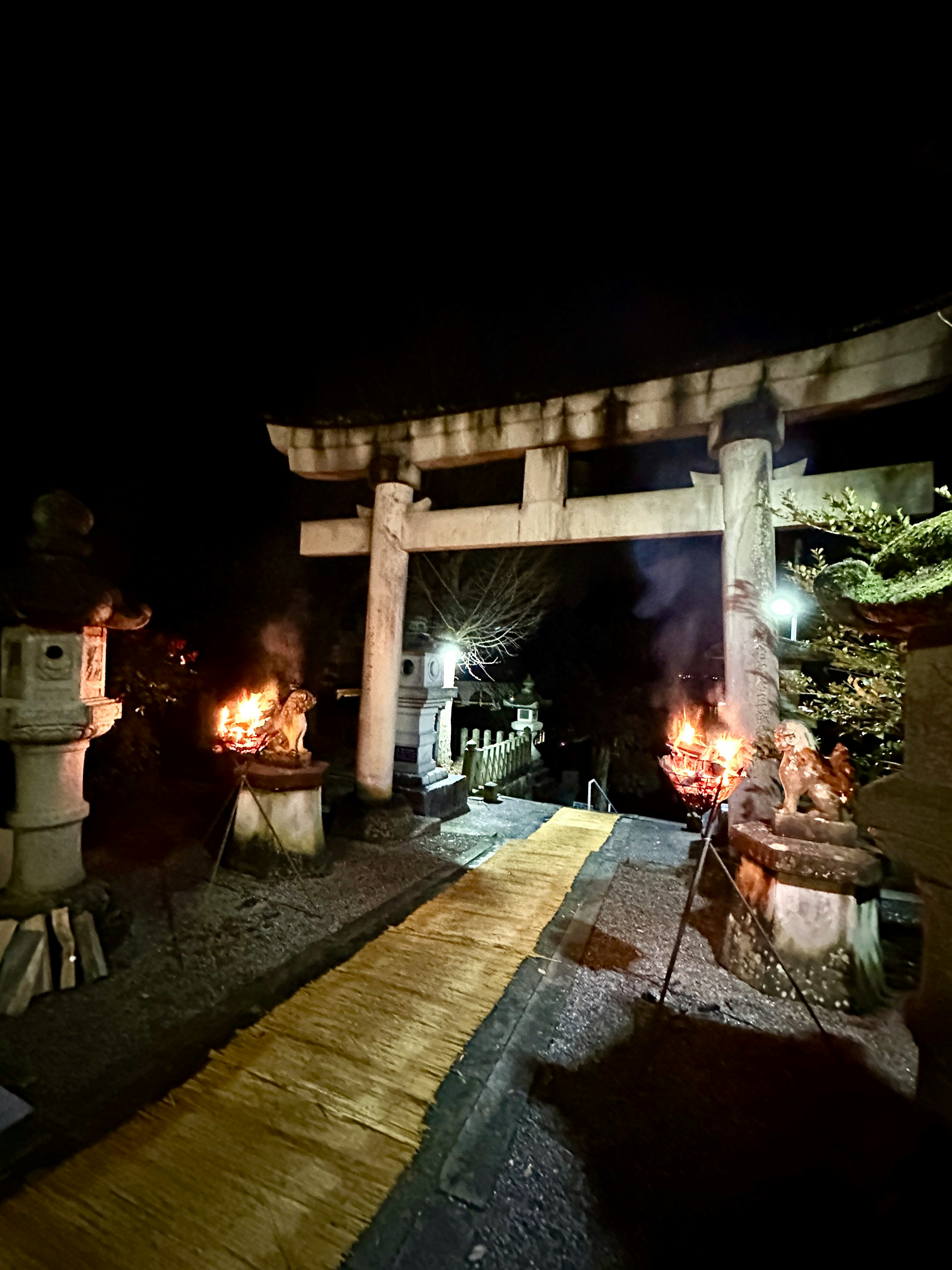 Scena mistica di un torii e lanterne di pietra in un santuario di notte