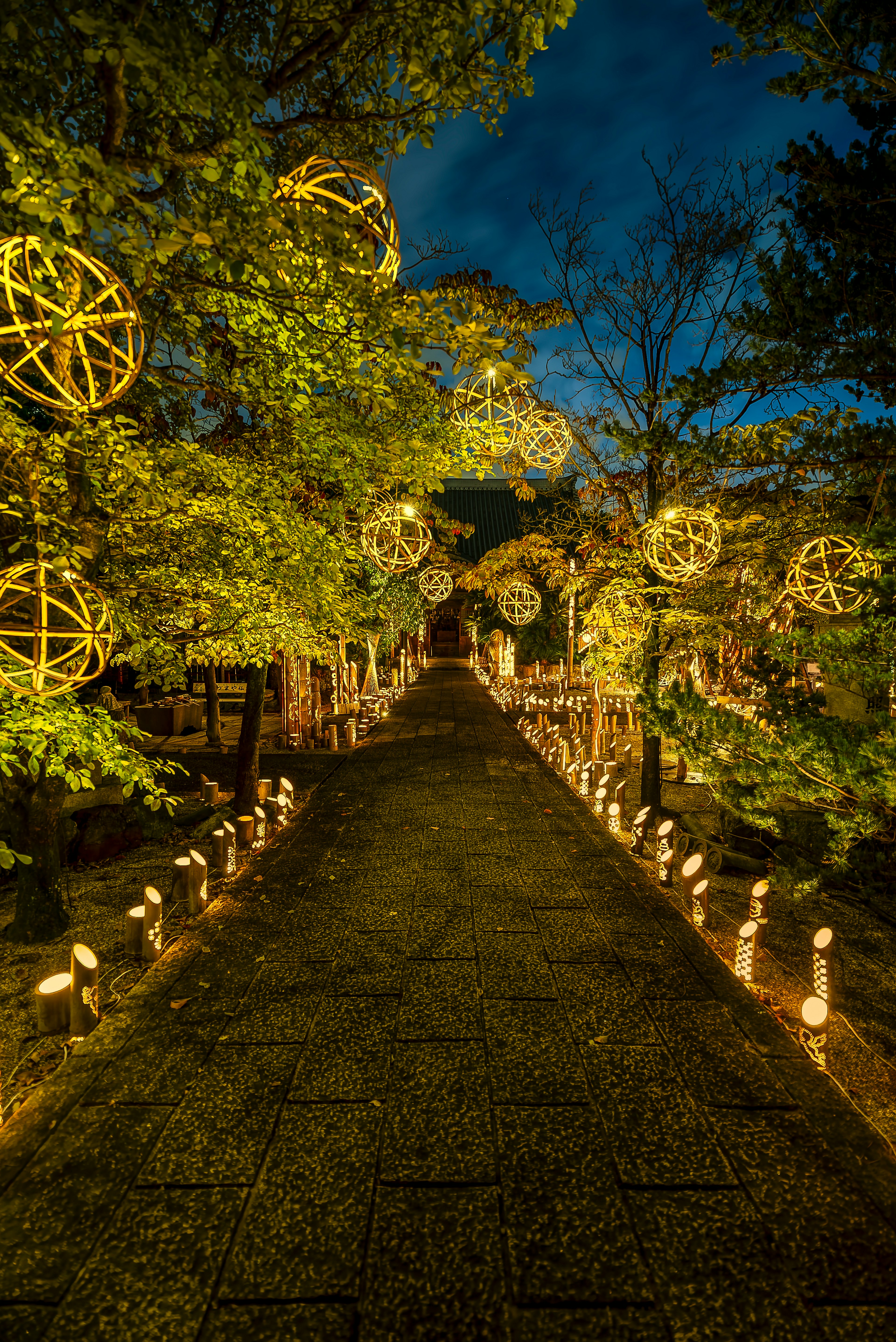 A lit pathway in a garden at night adorned with decorative glowing spheres