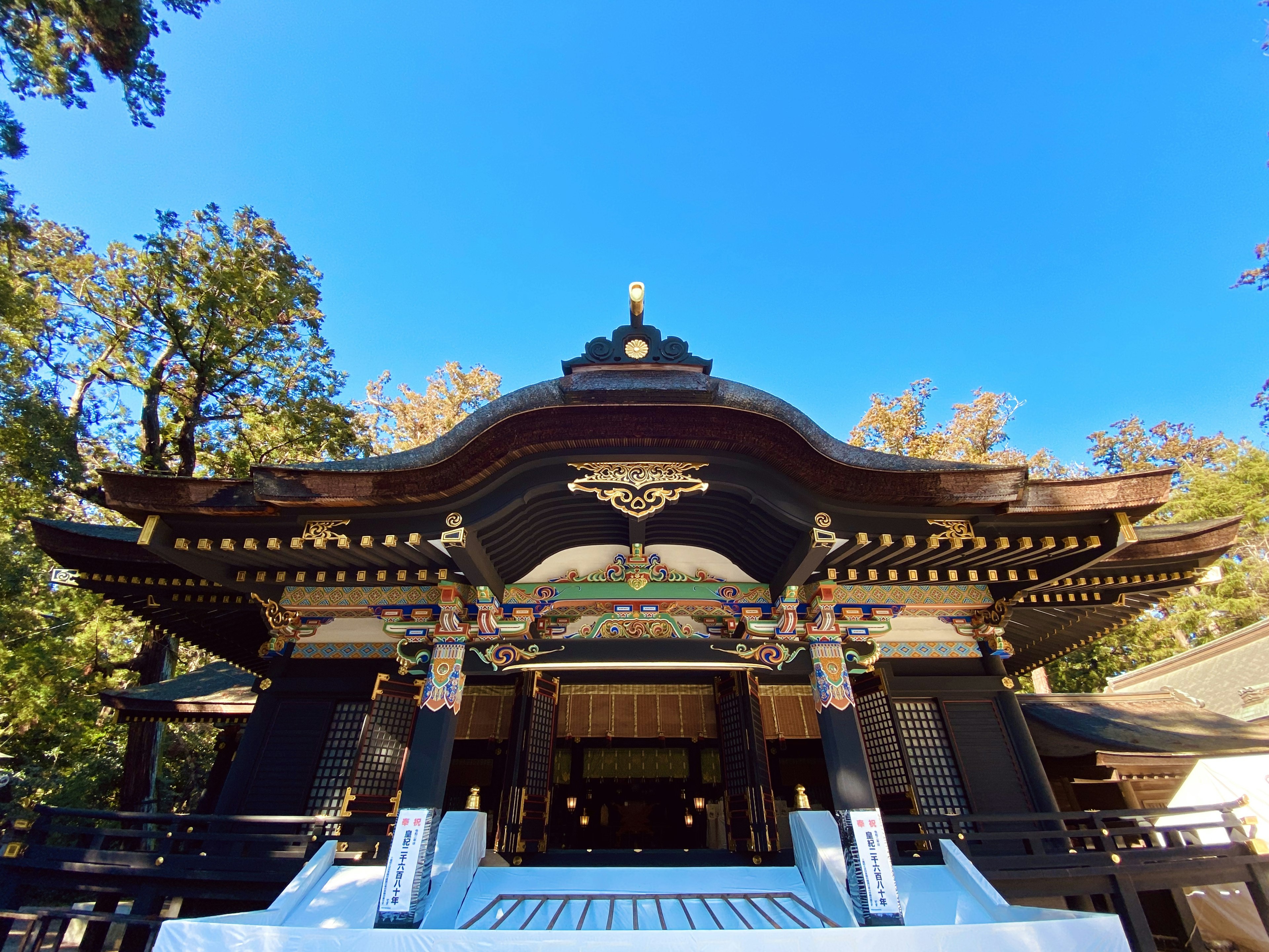 Front view of a beautiful shrine under a blue sky