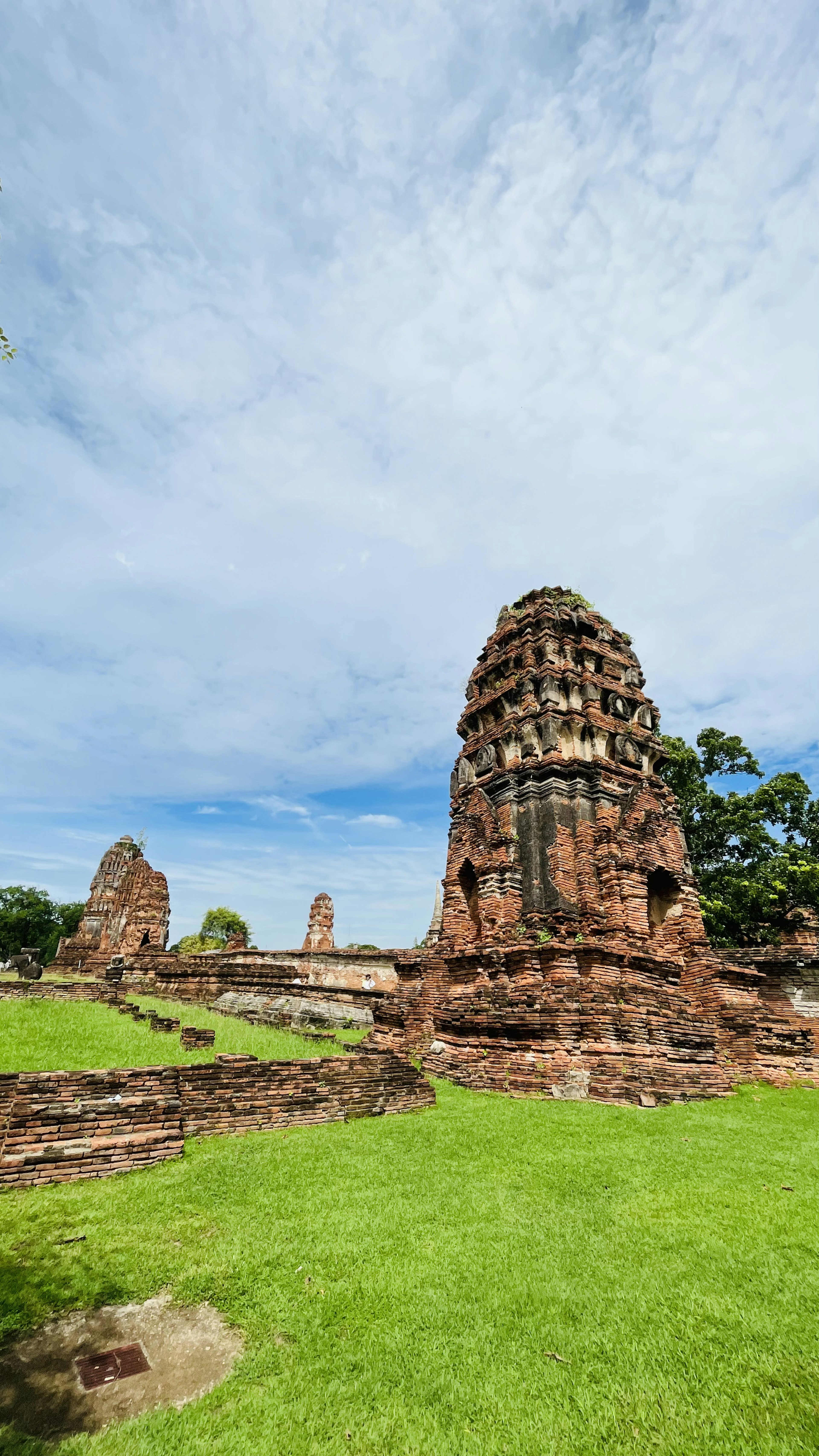 古代寺院の遺跡の高い塔と緑の草地