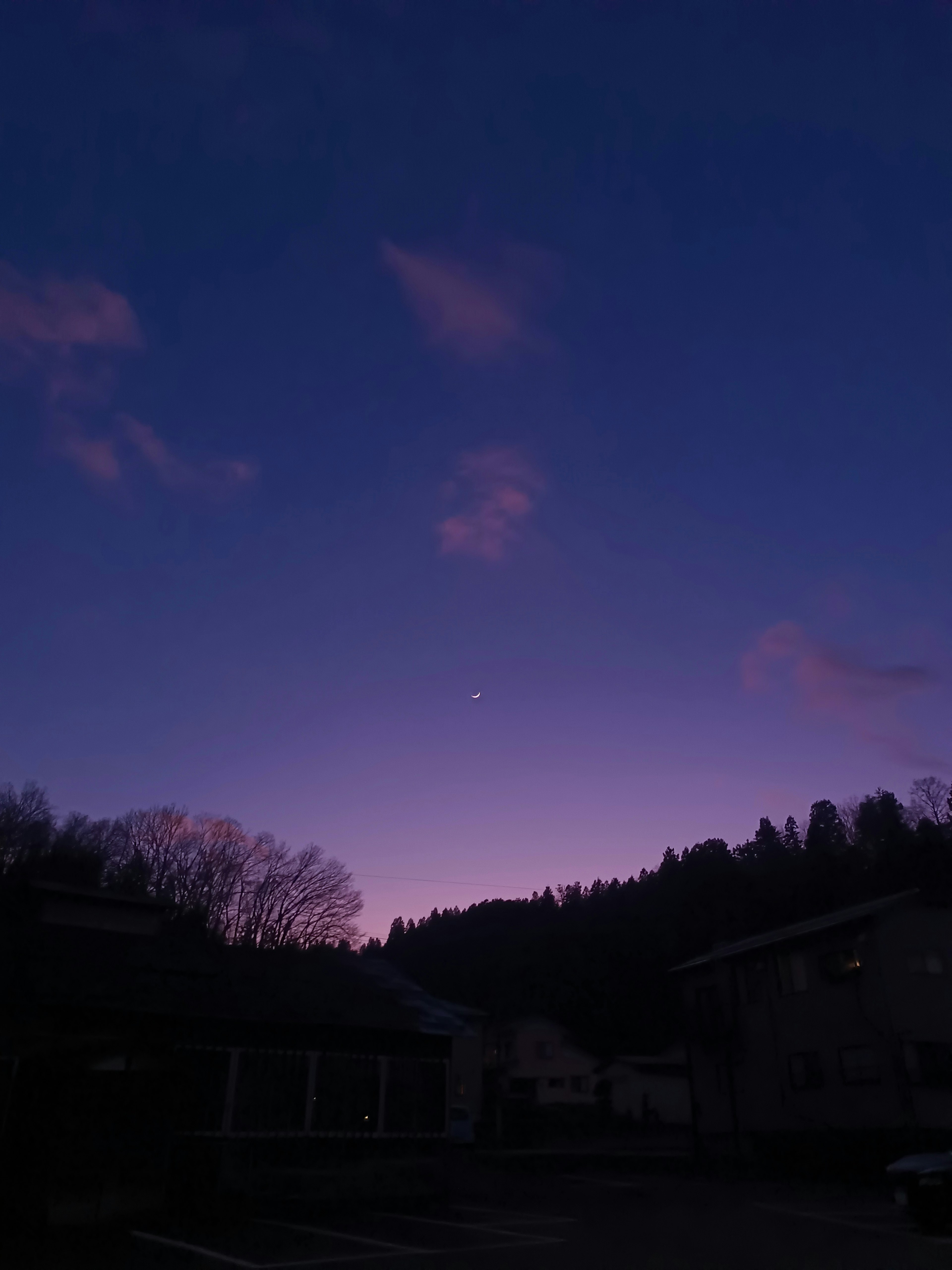 Cielo crepuscular de tonos morados con una luna creciente y nubes sobre las montañas