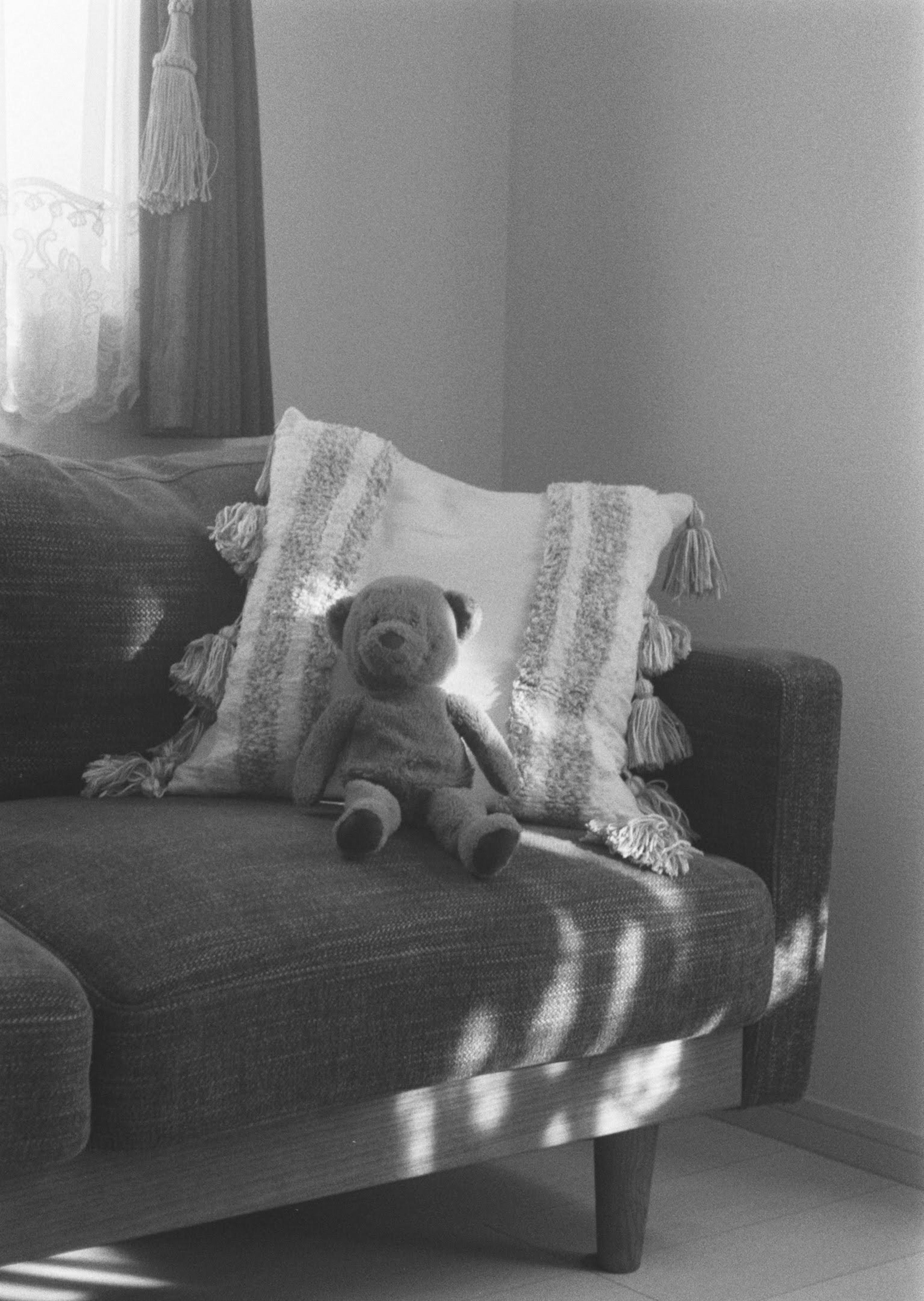 Black and white photo of a teddy bear sitting on a couch with decorative pillows