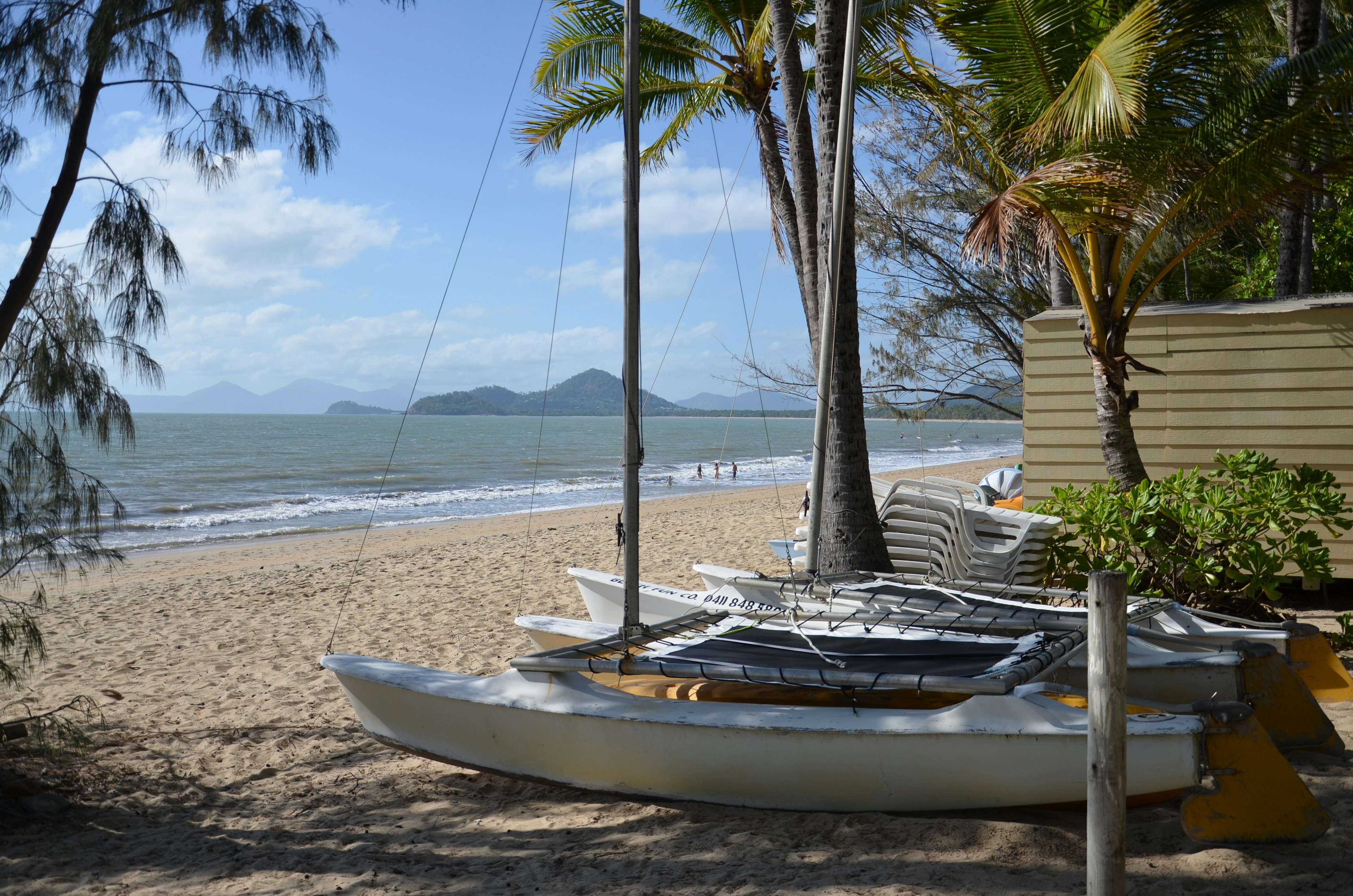 A catamaran docked on the beach with palm trees in the background