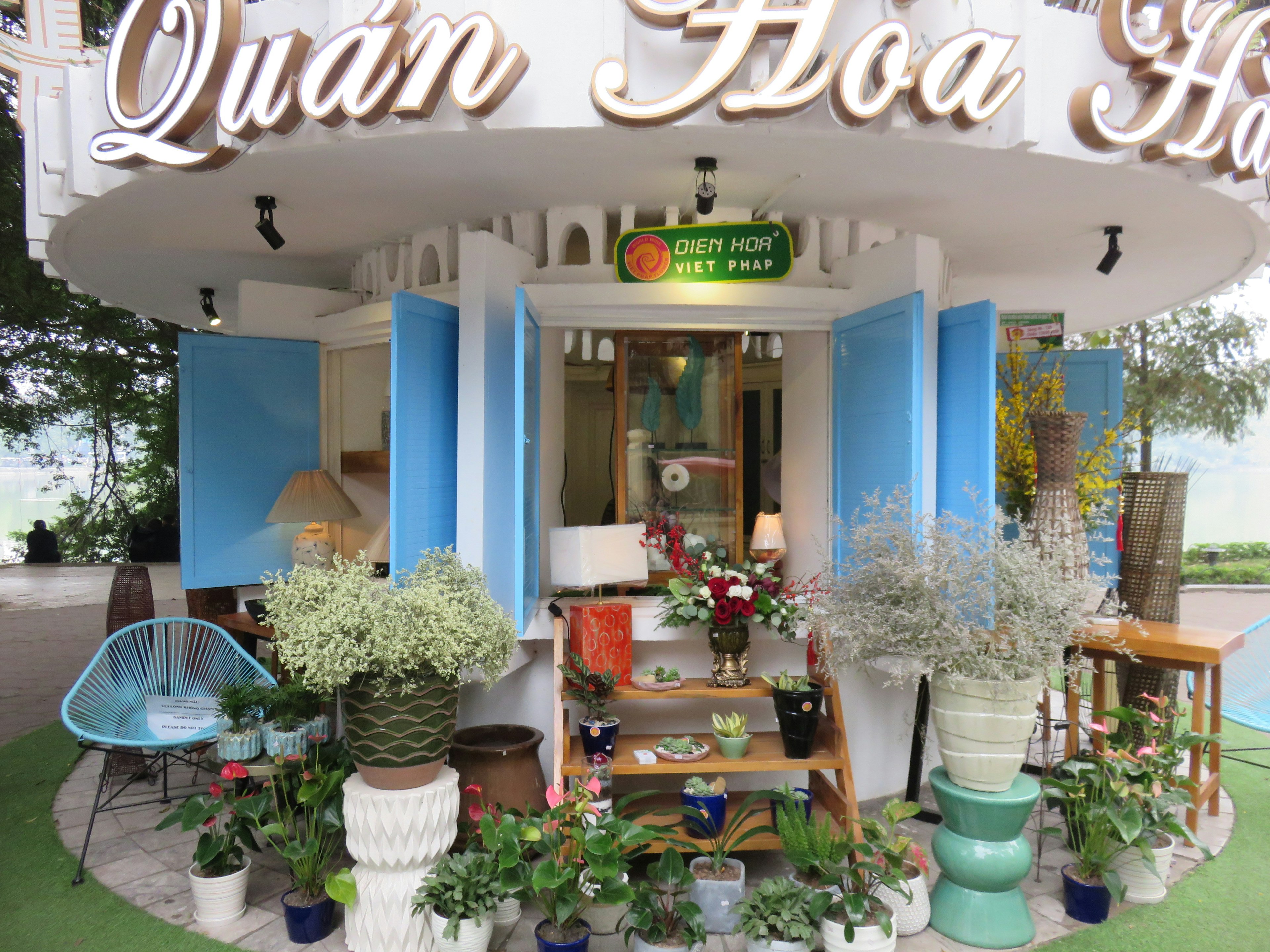 Cafe exterior with blue shutters and flower arrangements