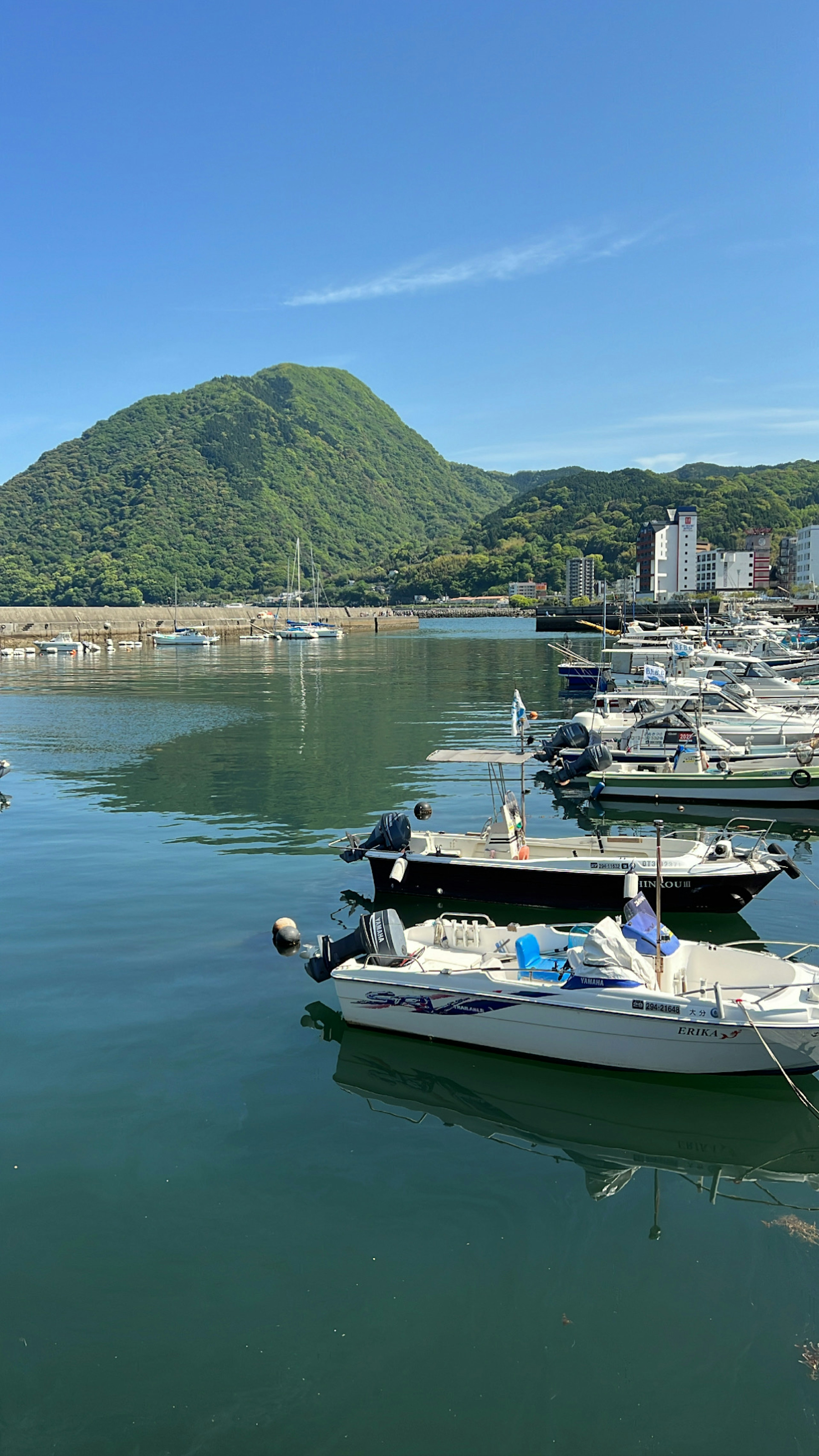 Ruhiger Hafen mit festgemachten Booten und Berglandschaft