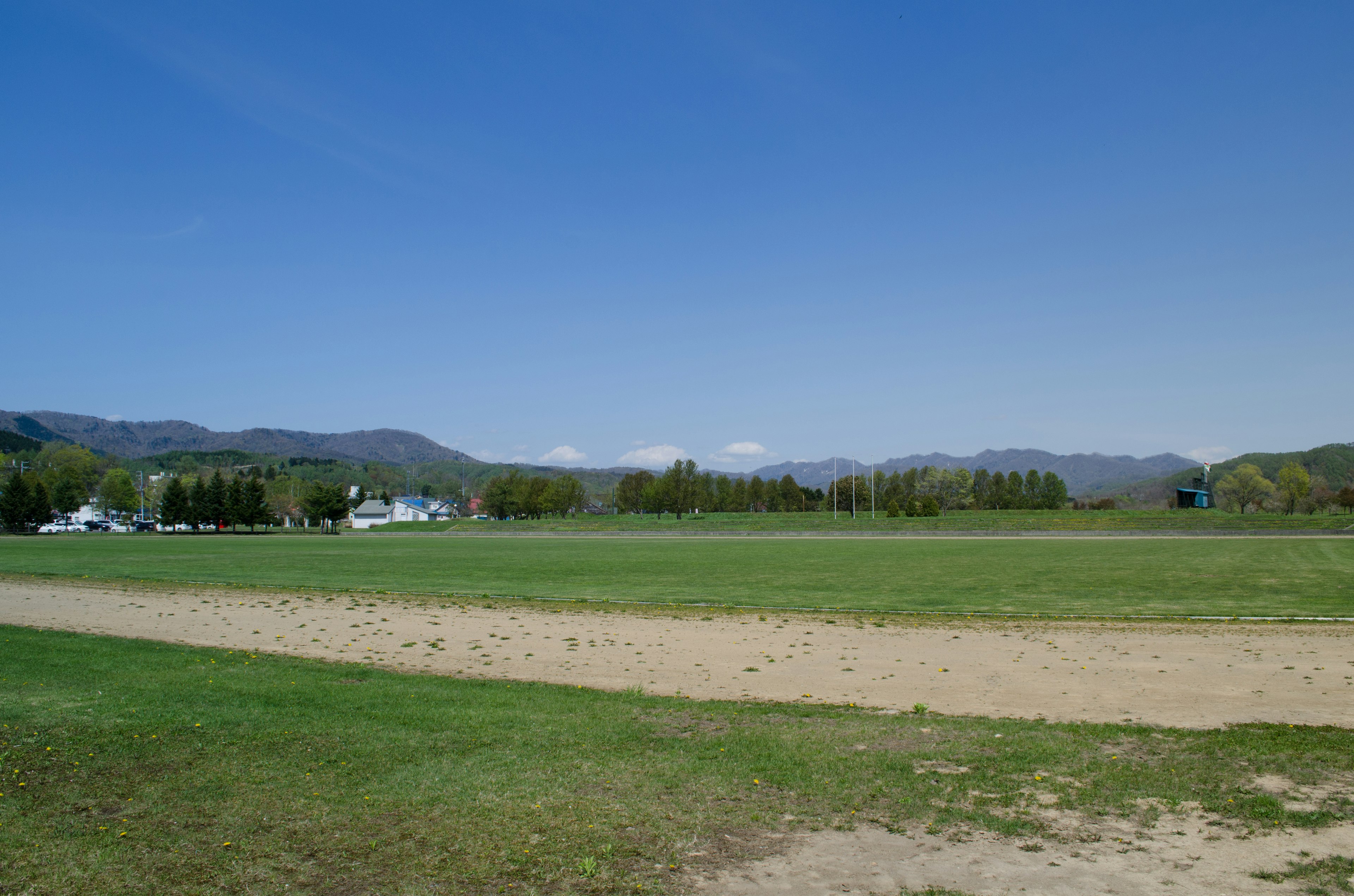 Expansive grassland under a clear blue sky