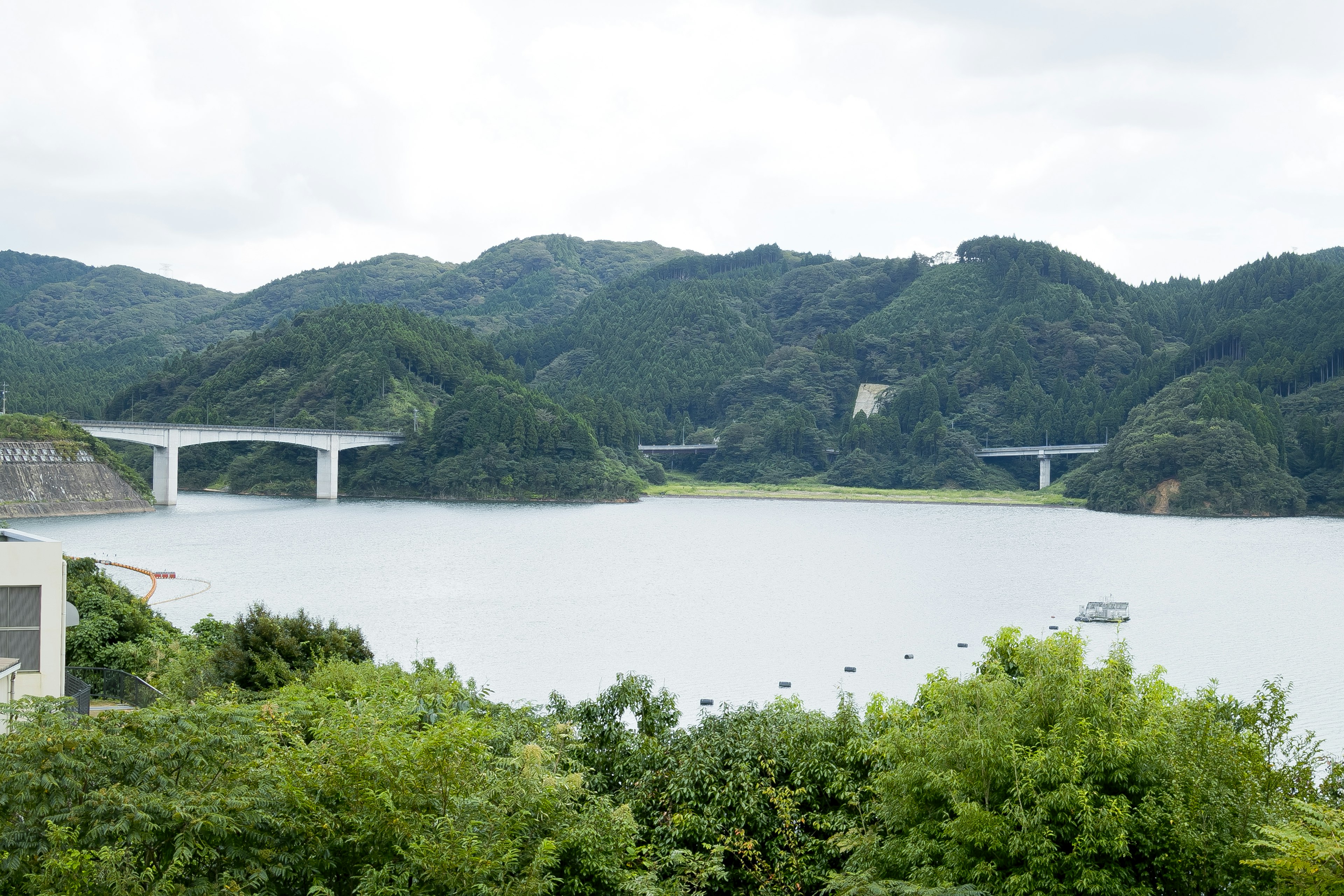 Malersicher Blick auf einen See umgeben von Grün und einer Brücke