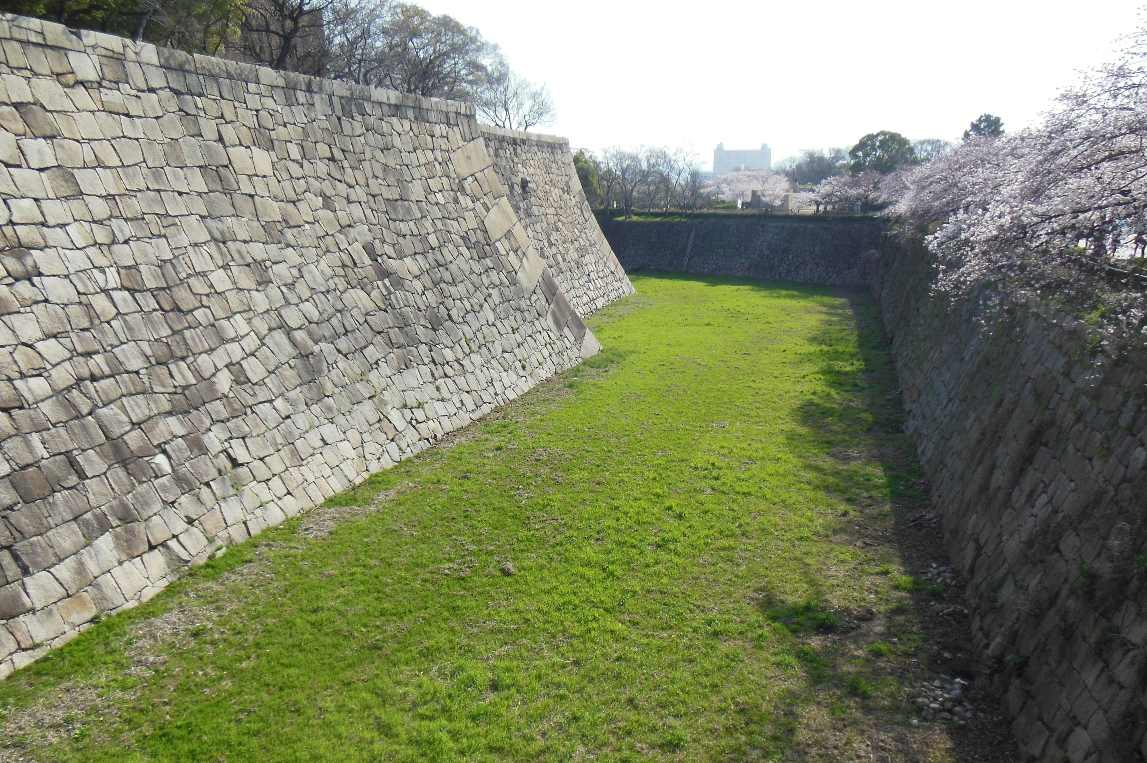 Vista de un foso de castillo con hierba verde y muros de piedra