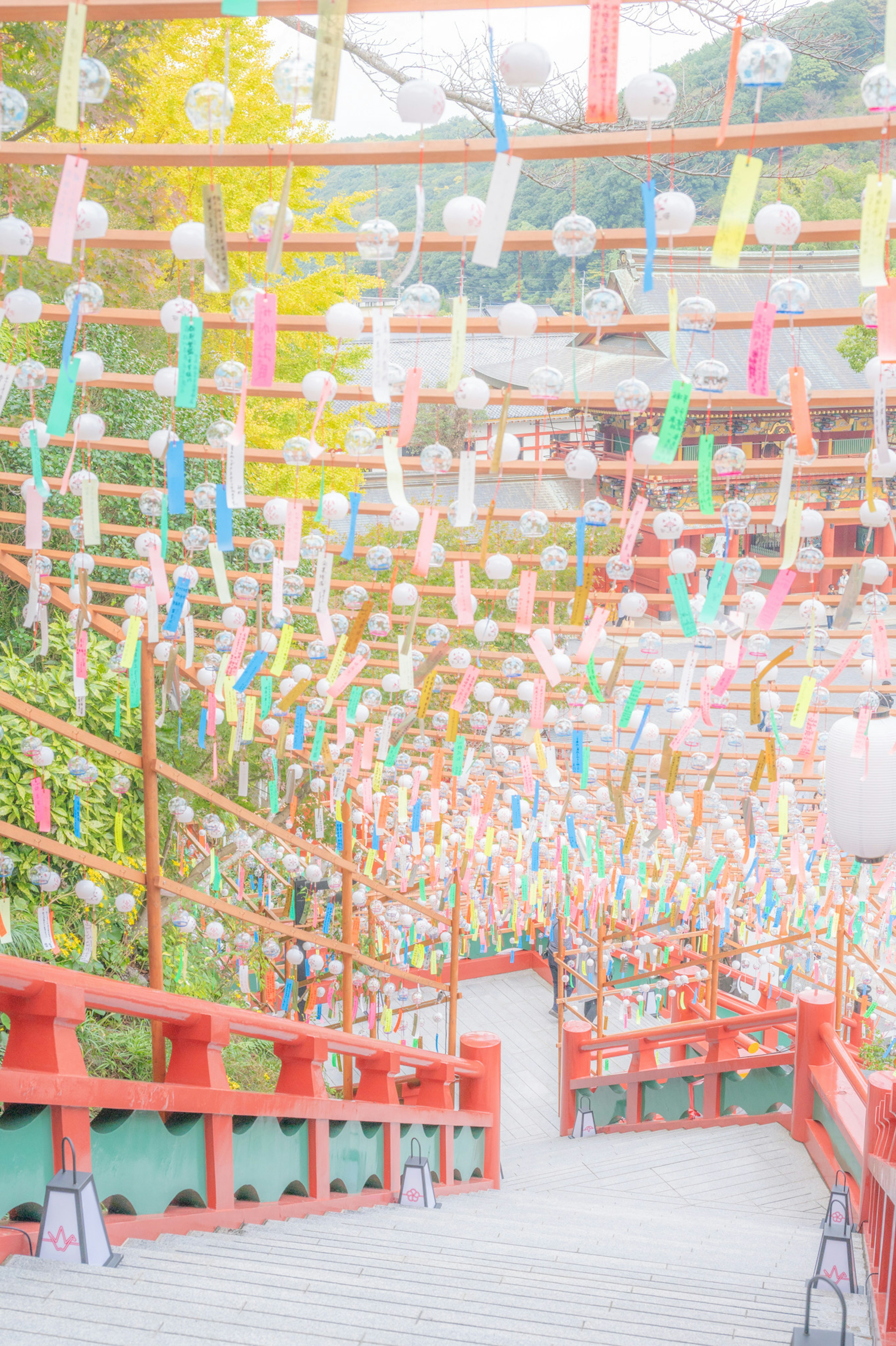 Colorful lanterns hanging in a beautiful stairway passage