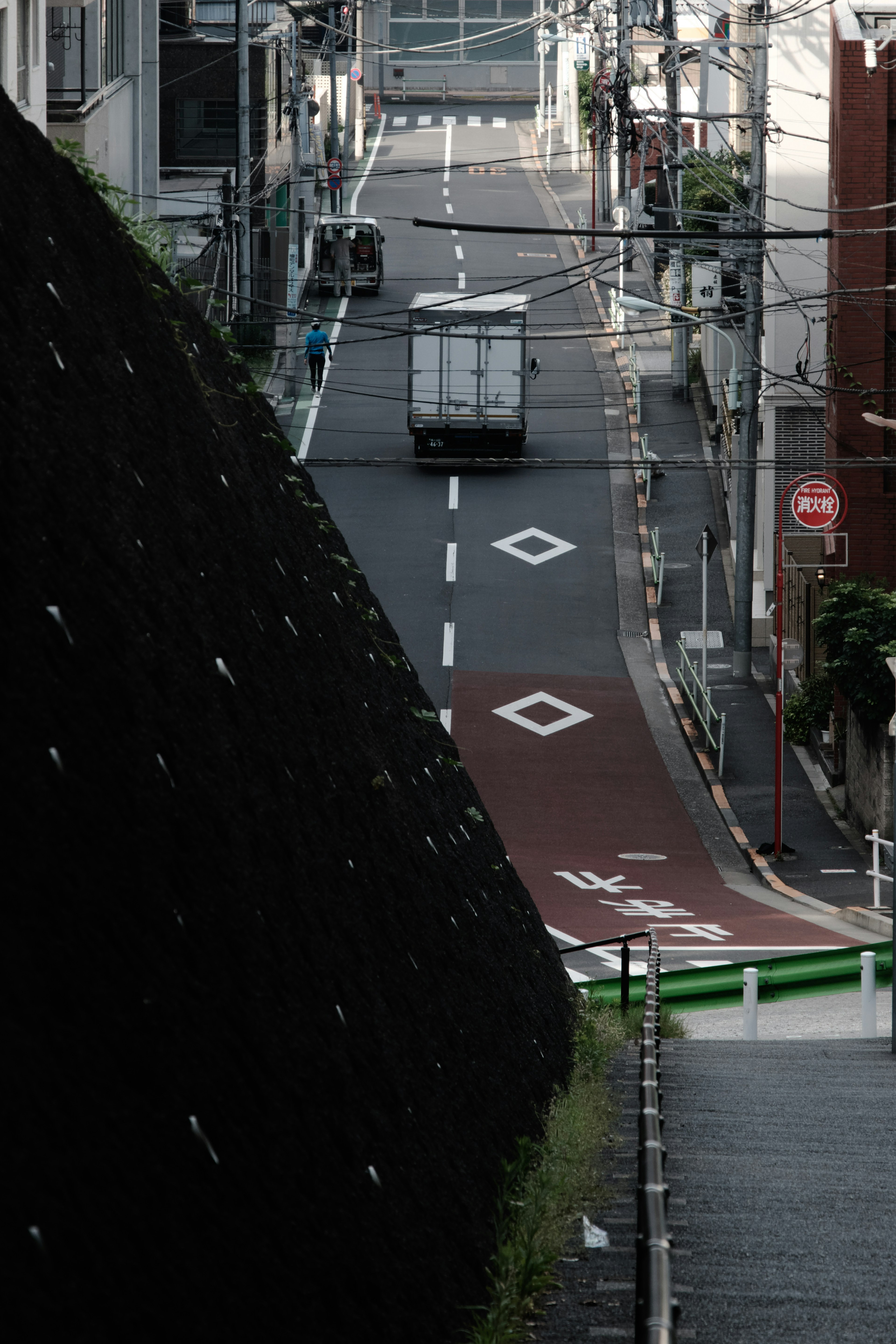 A truck on a narrow street with green foliage visible