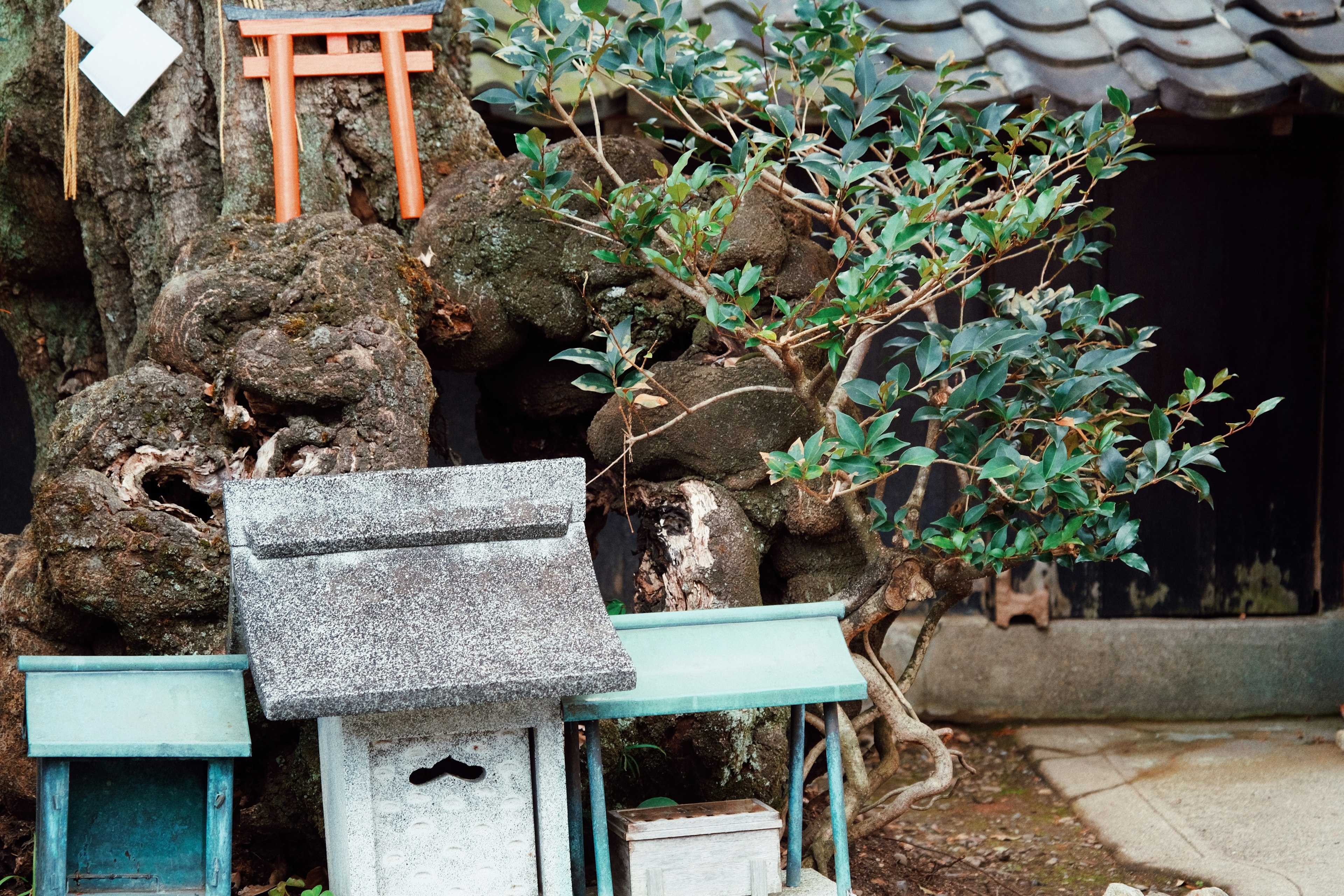 Japanese garden scene with stone structure and blue tables