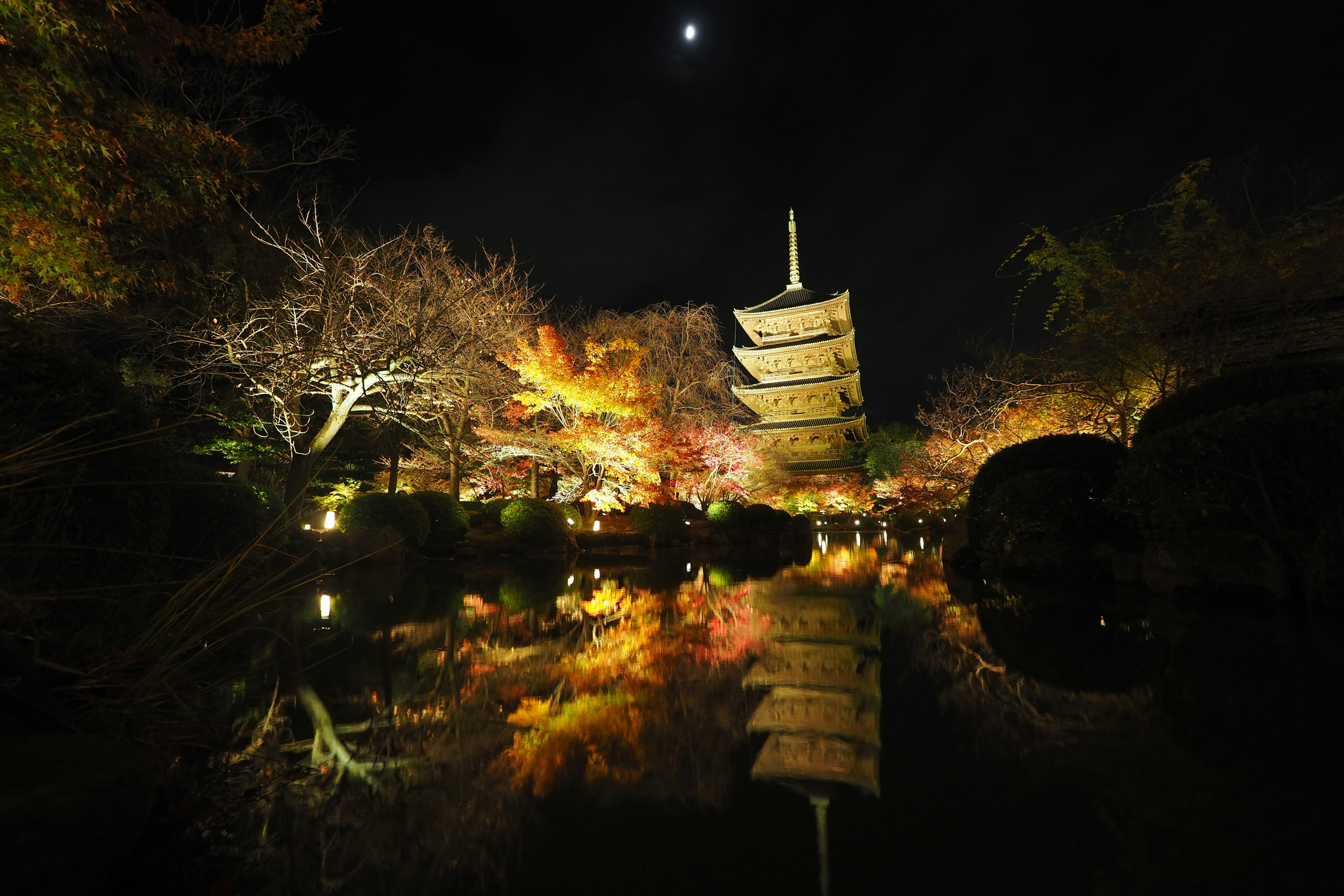 Japanese pagoda with autumn leaves reflecting in a tranquil pond at night