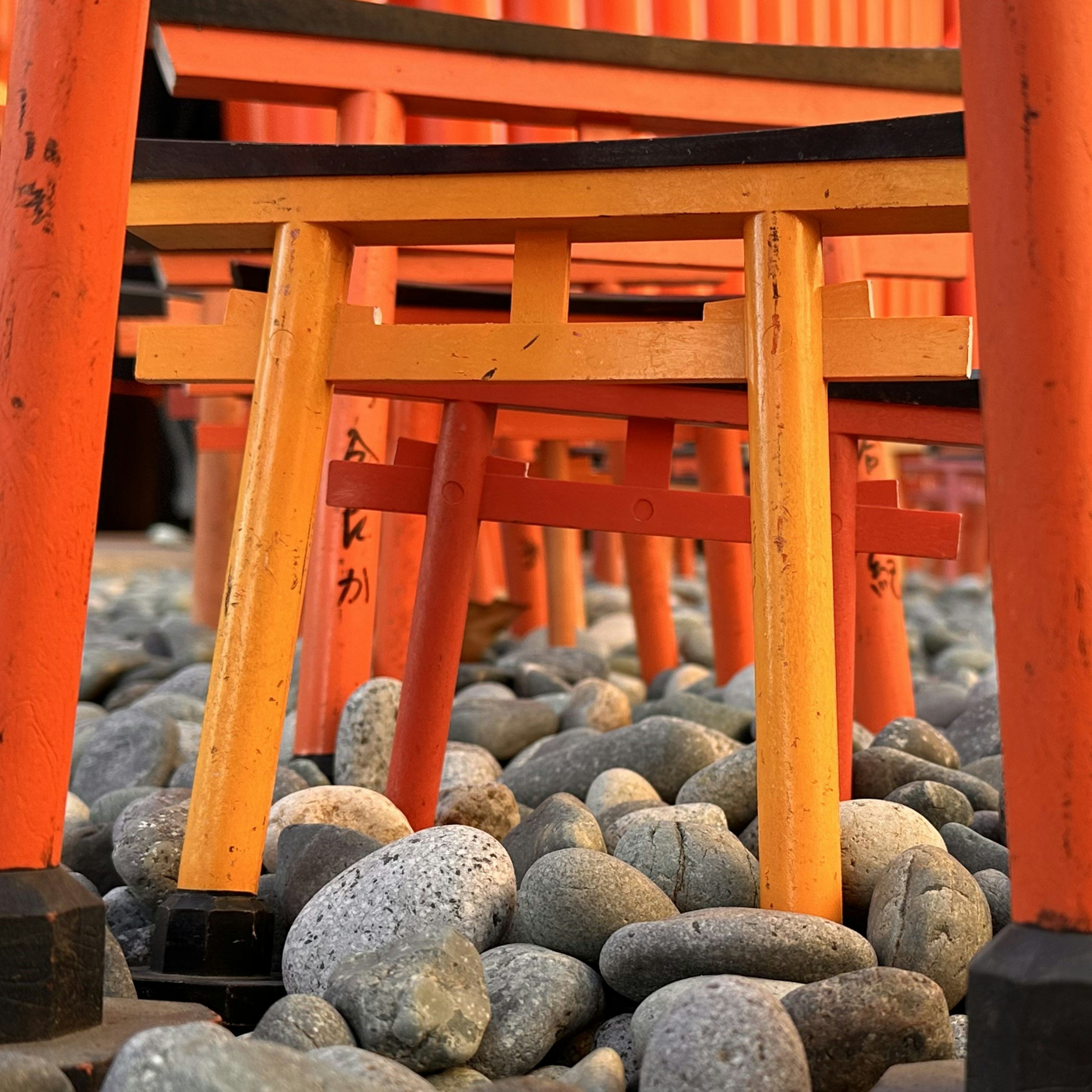 オレンジ色の鳥居が石の上に並んでいる風景