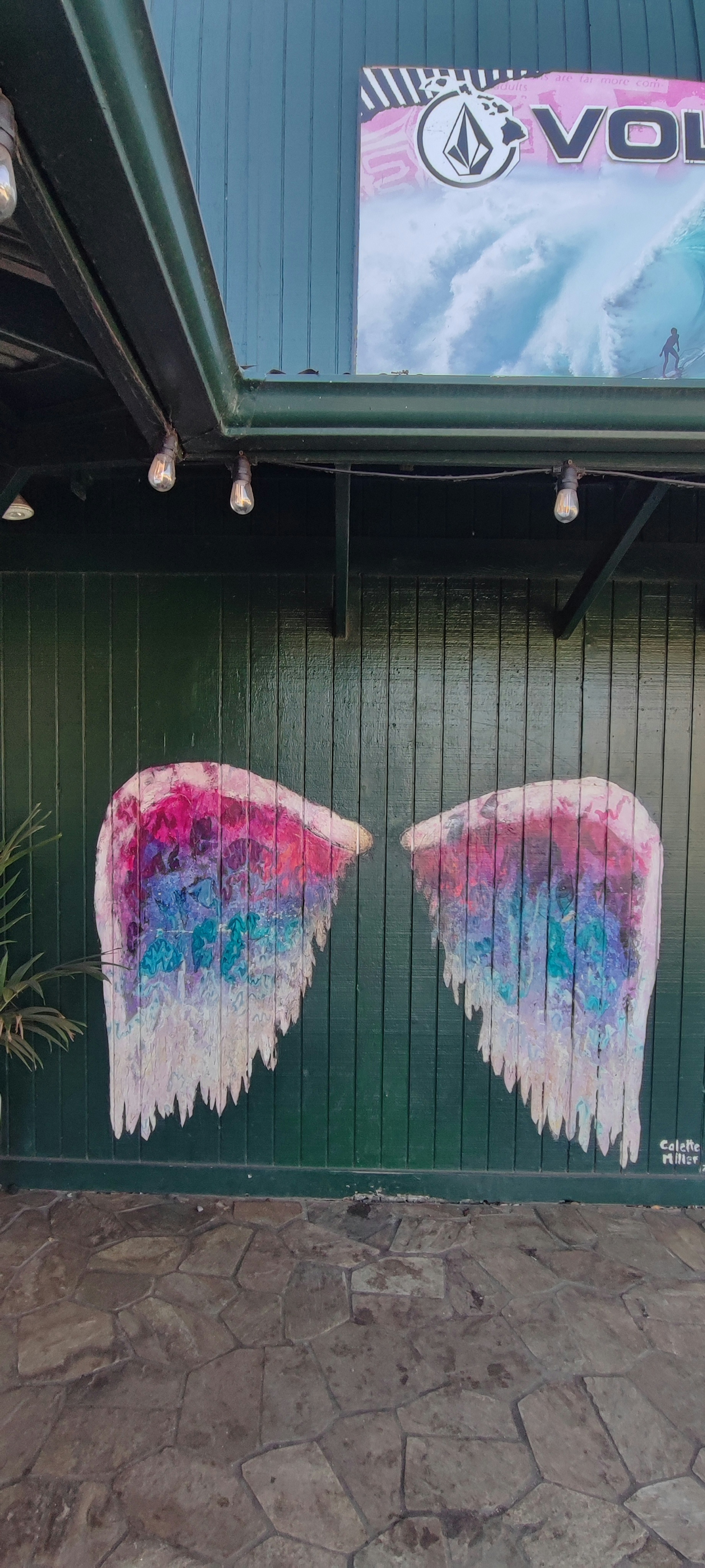 Colorful wing mural on a green wall