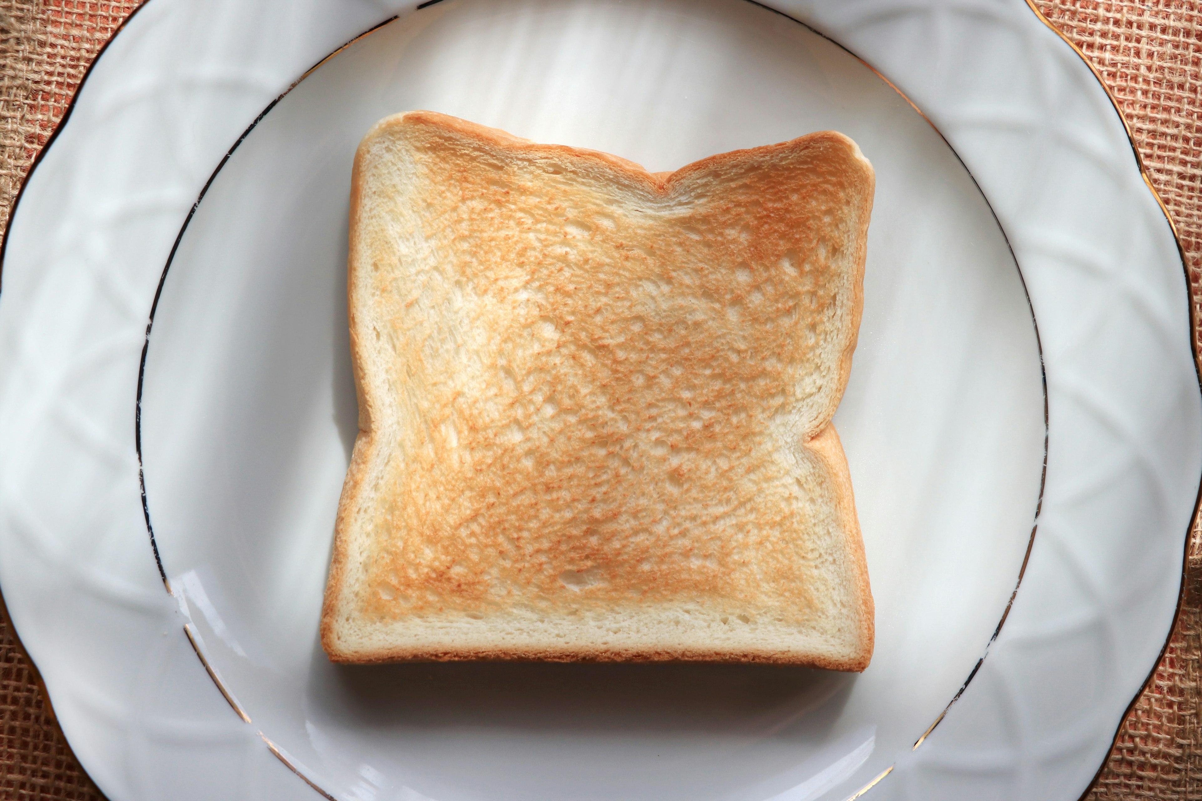 Una fetta di pane tostato su un piatto bianco