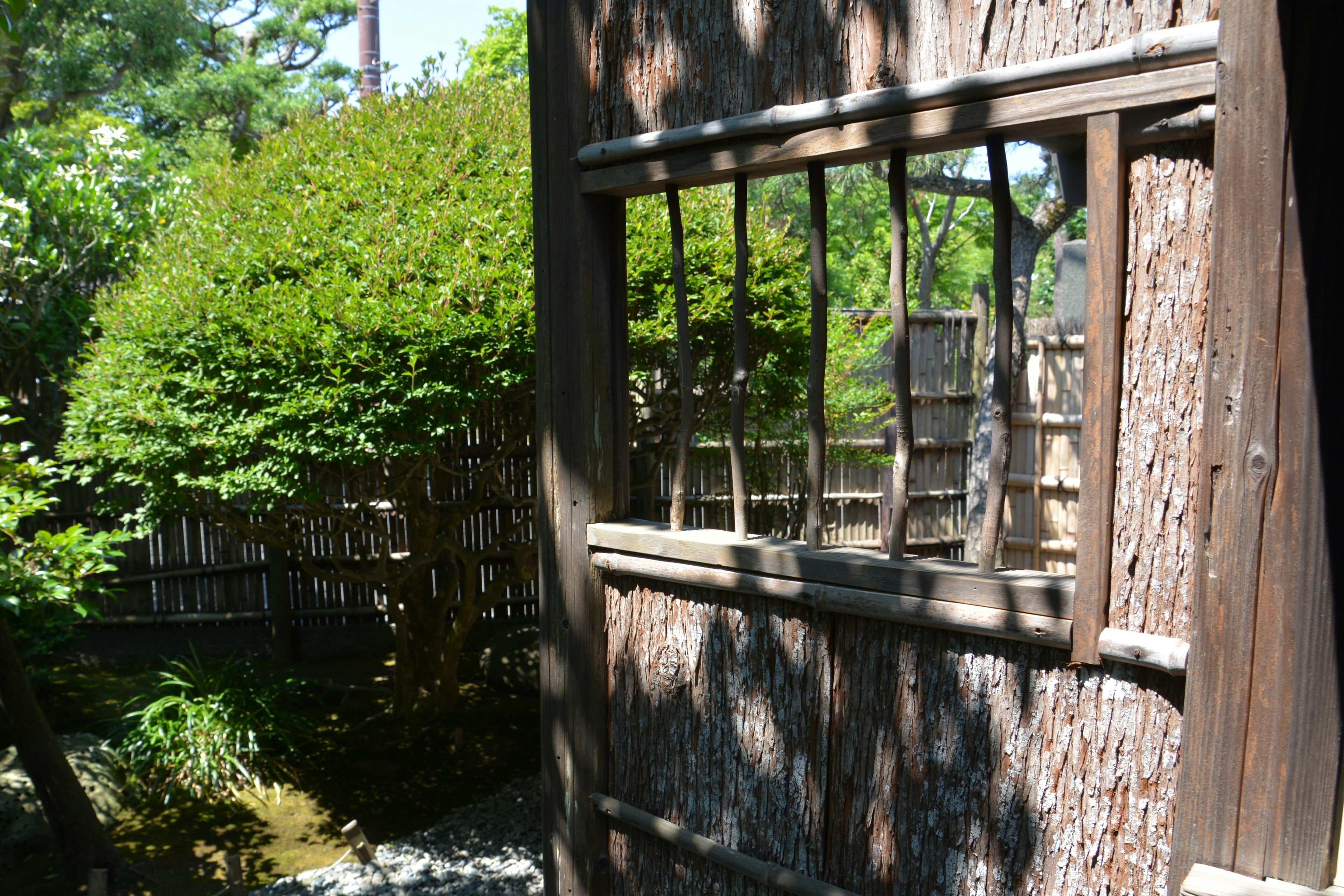 Wooden wall with window revealing lush Japanese garden