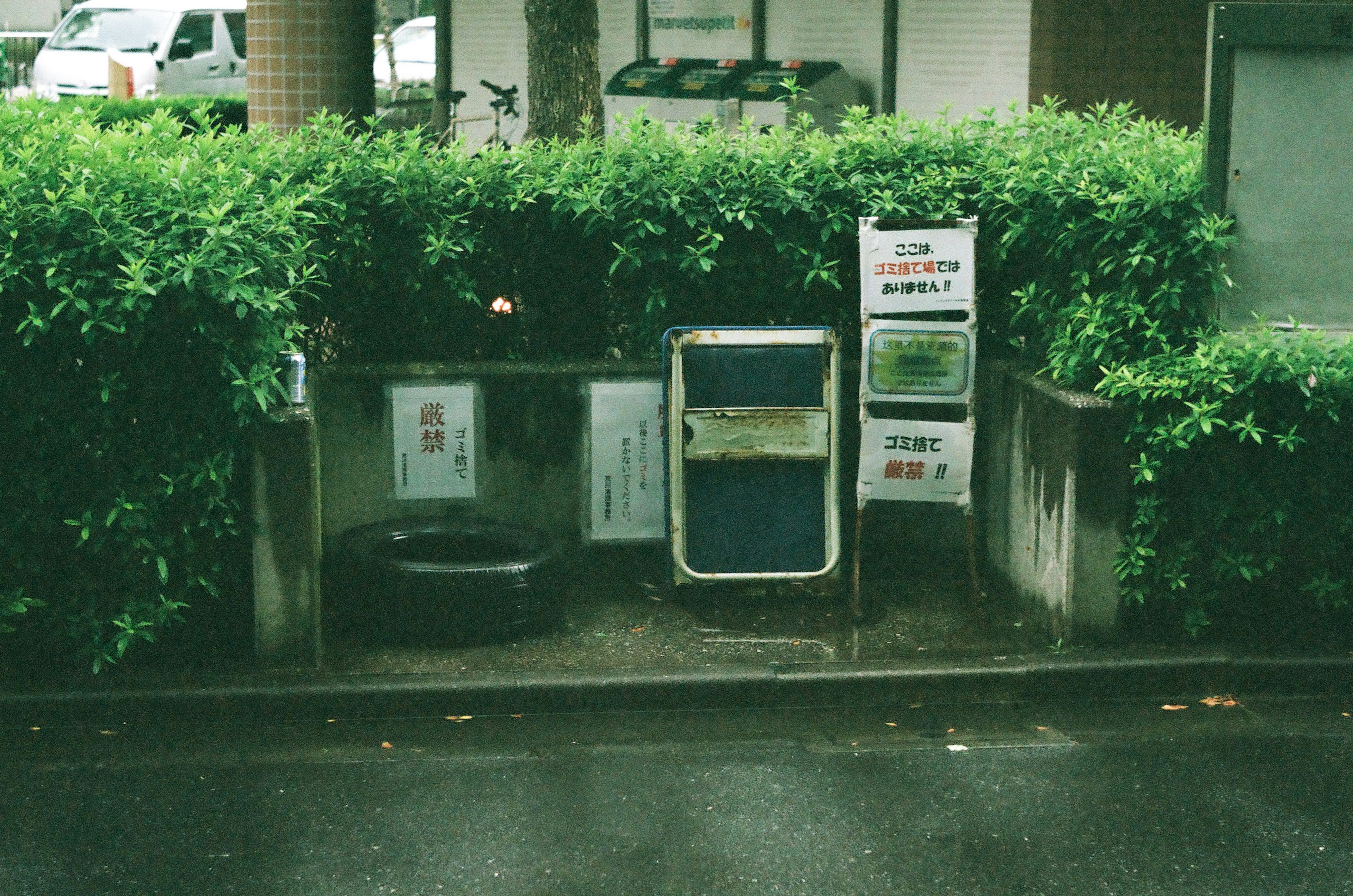 Zone de déchets entourée de haies vertes