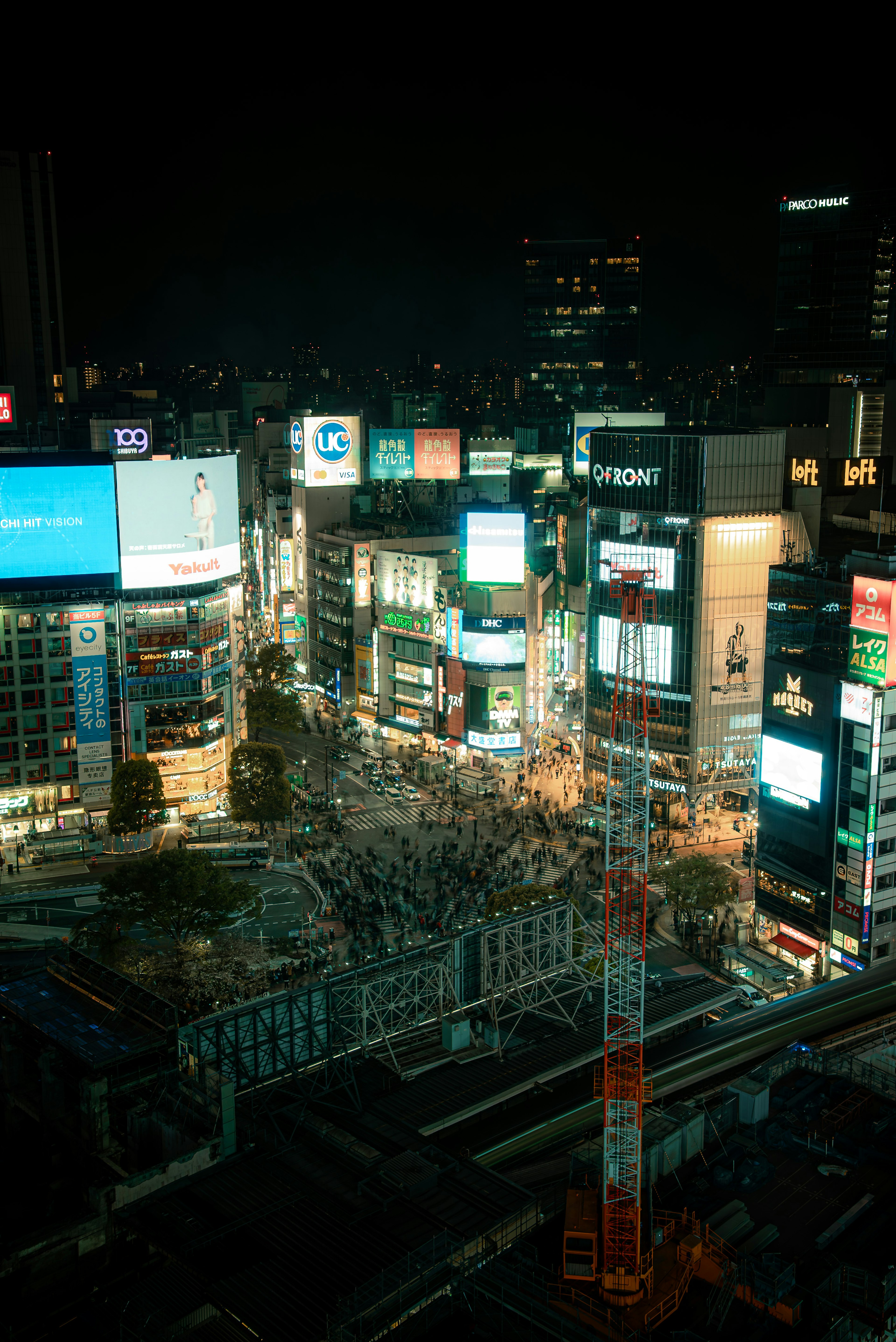 夜の都市風景 繁華街のネオンサインと高層ビル