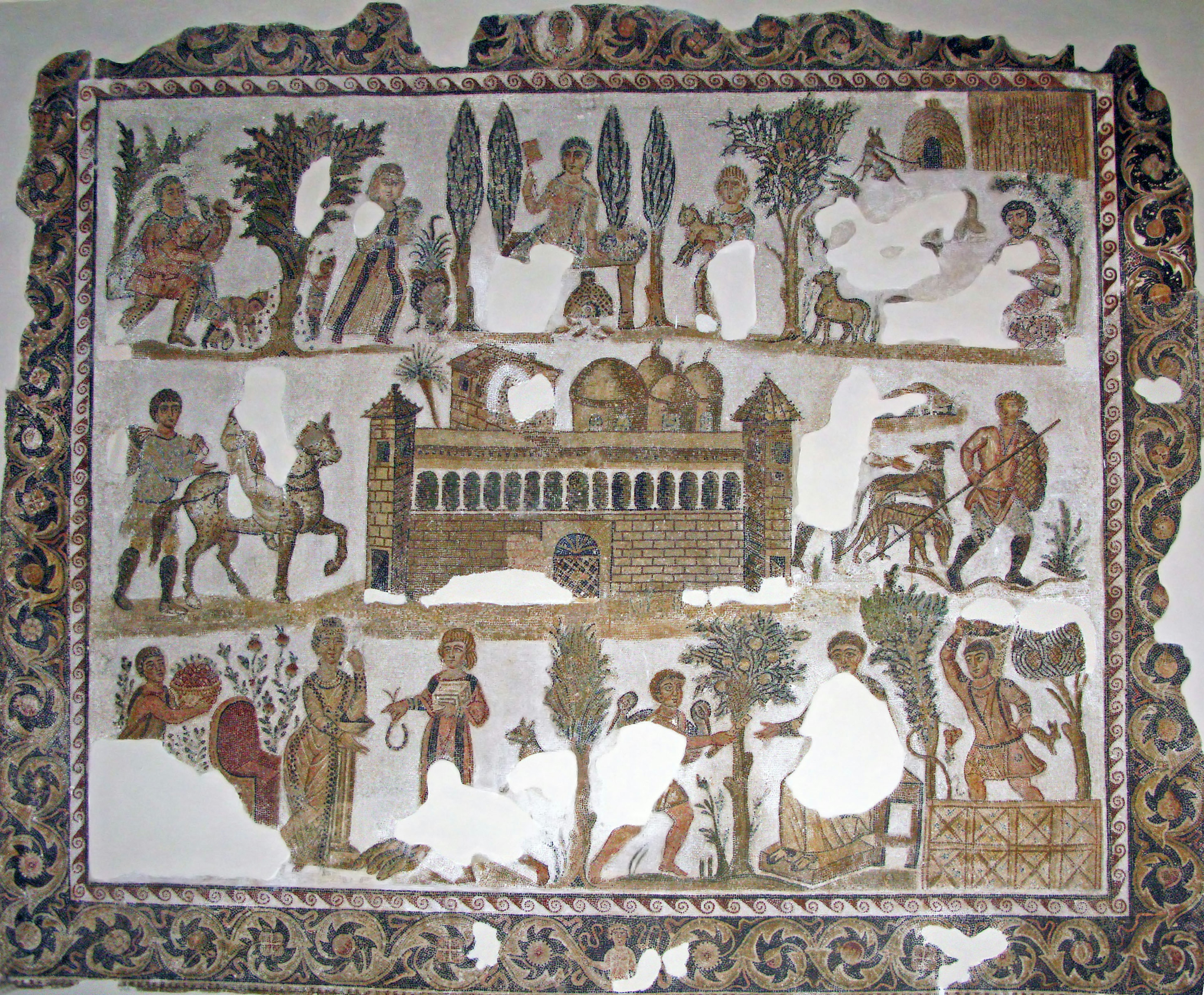 Ancient mosaic artwork depicting people and animals