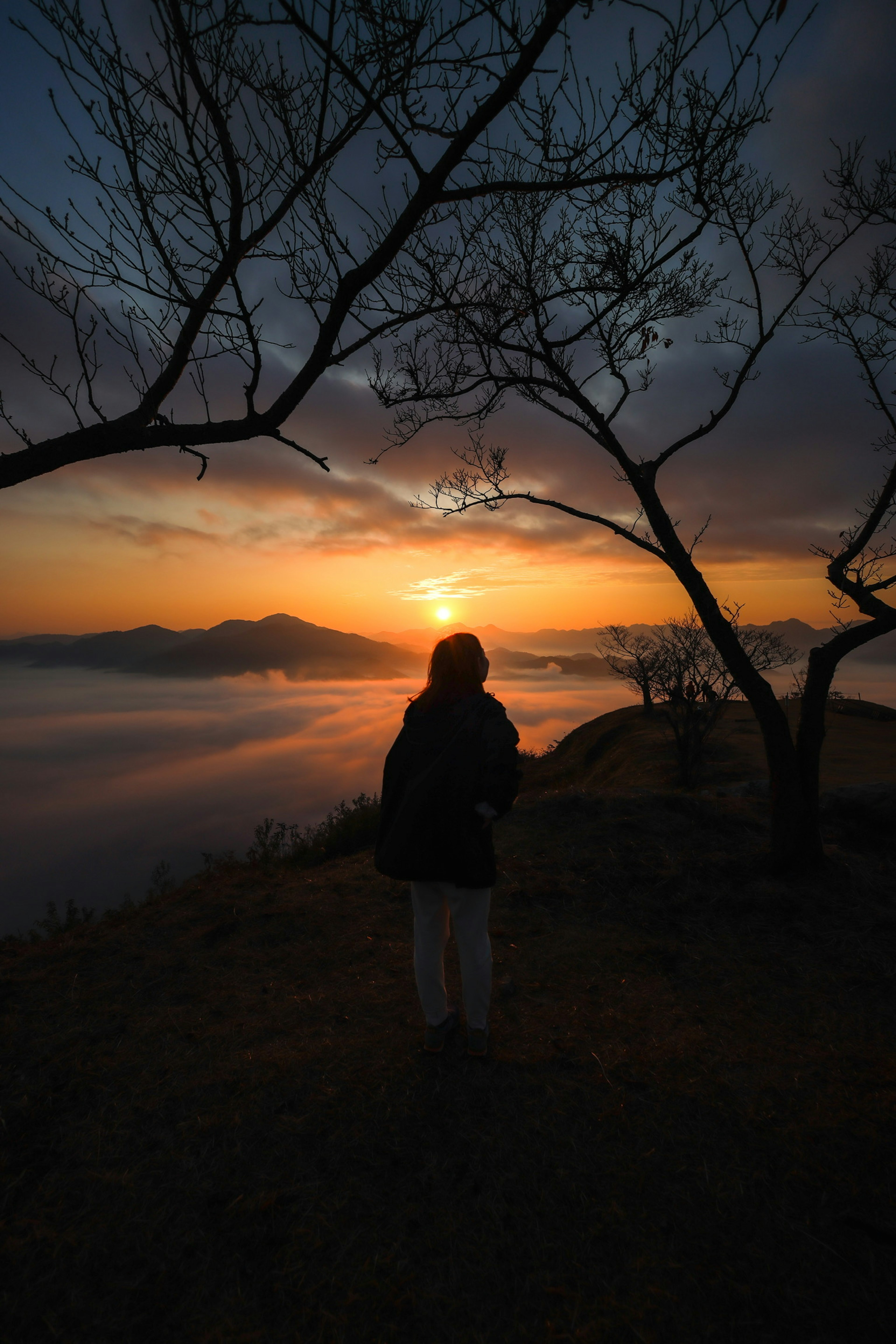 夕日を背にした人物が立っている風景の写真