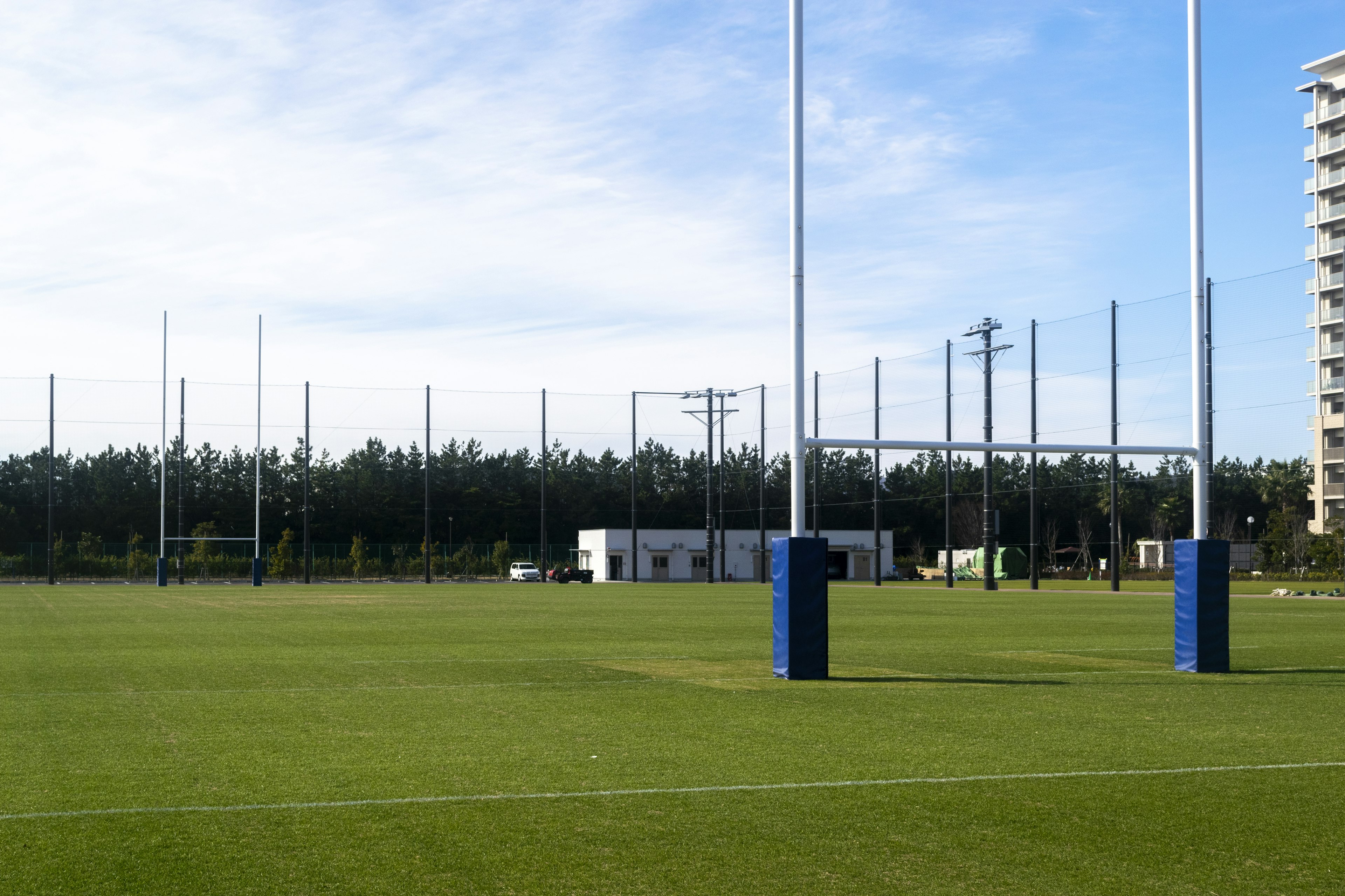 Ein Rugbyfeld mit blauen Torpfosten und einer Kulisse aus Bäumen und Gebäuden