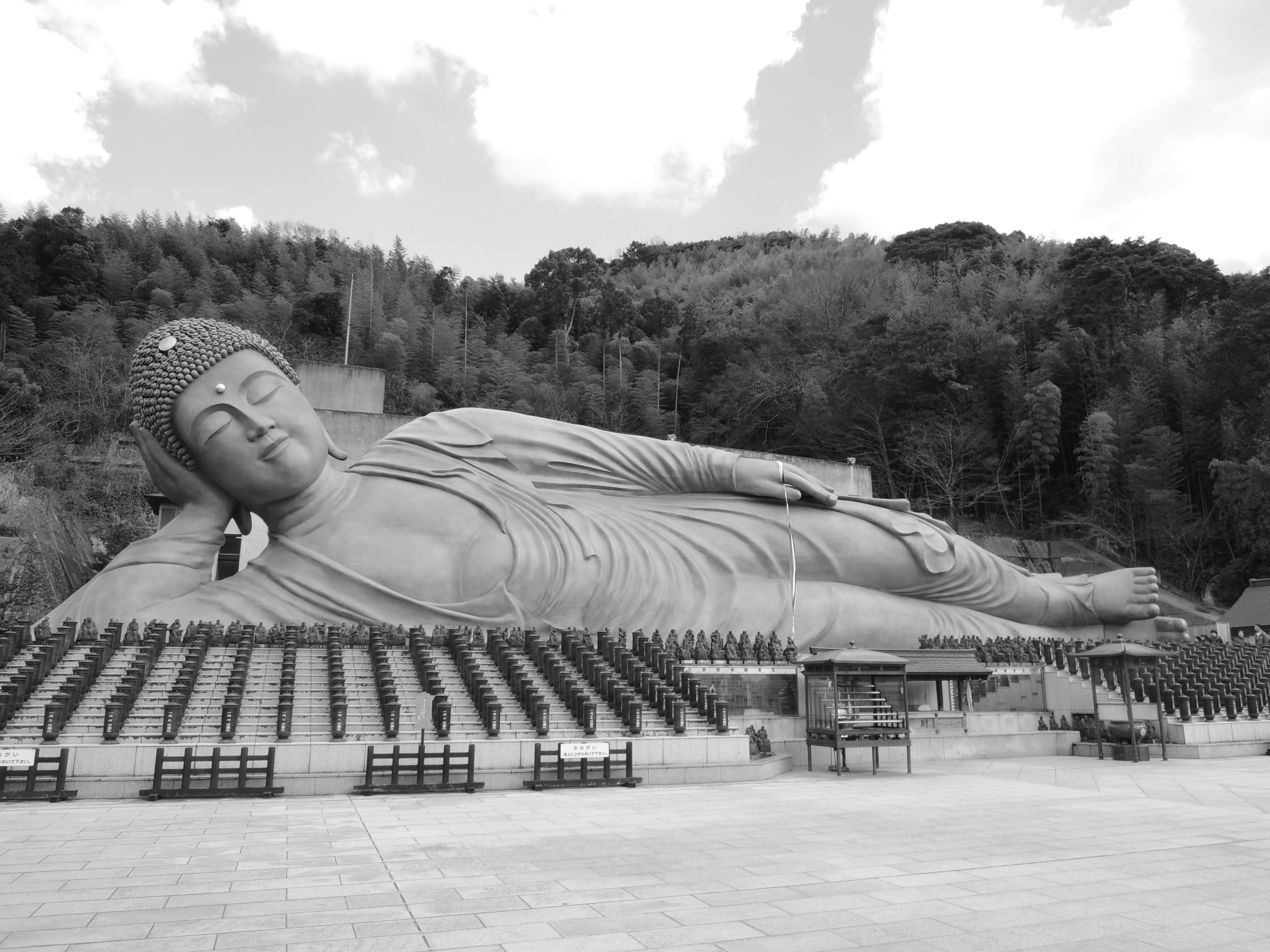 Una grande statua del Buddha sdraiato in un paesaggio sereno