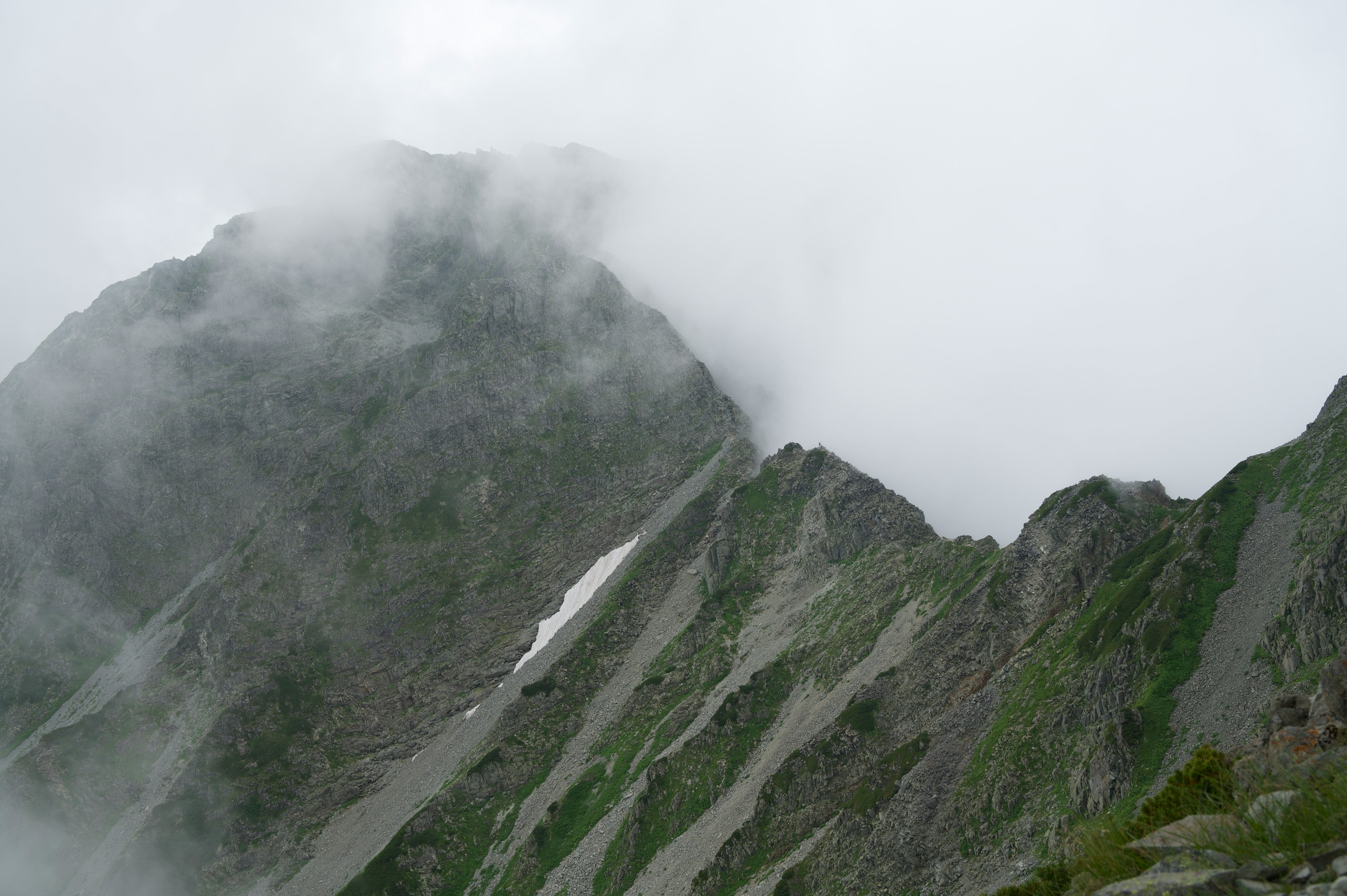 霧に覆われた山の風景 鋭い岩の峰と緑の斜面