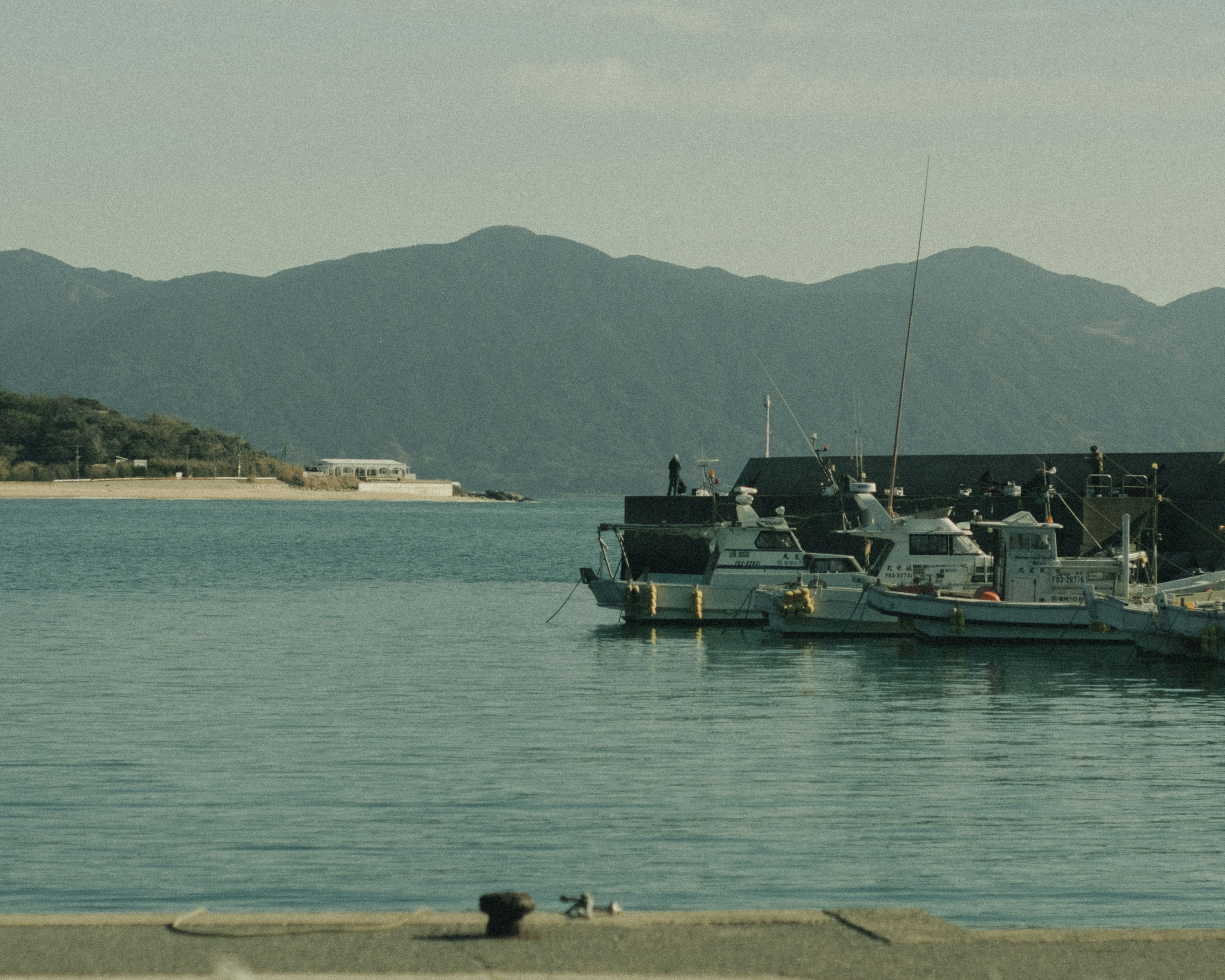 Calm harbor scene with docked boats mountains reflecting on the water