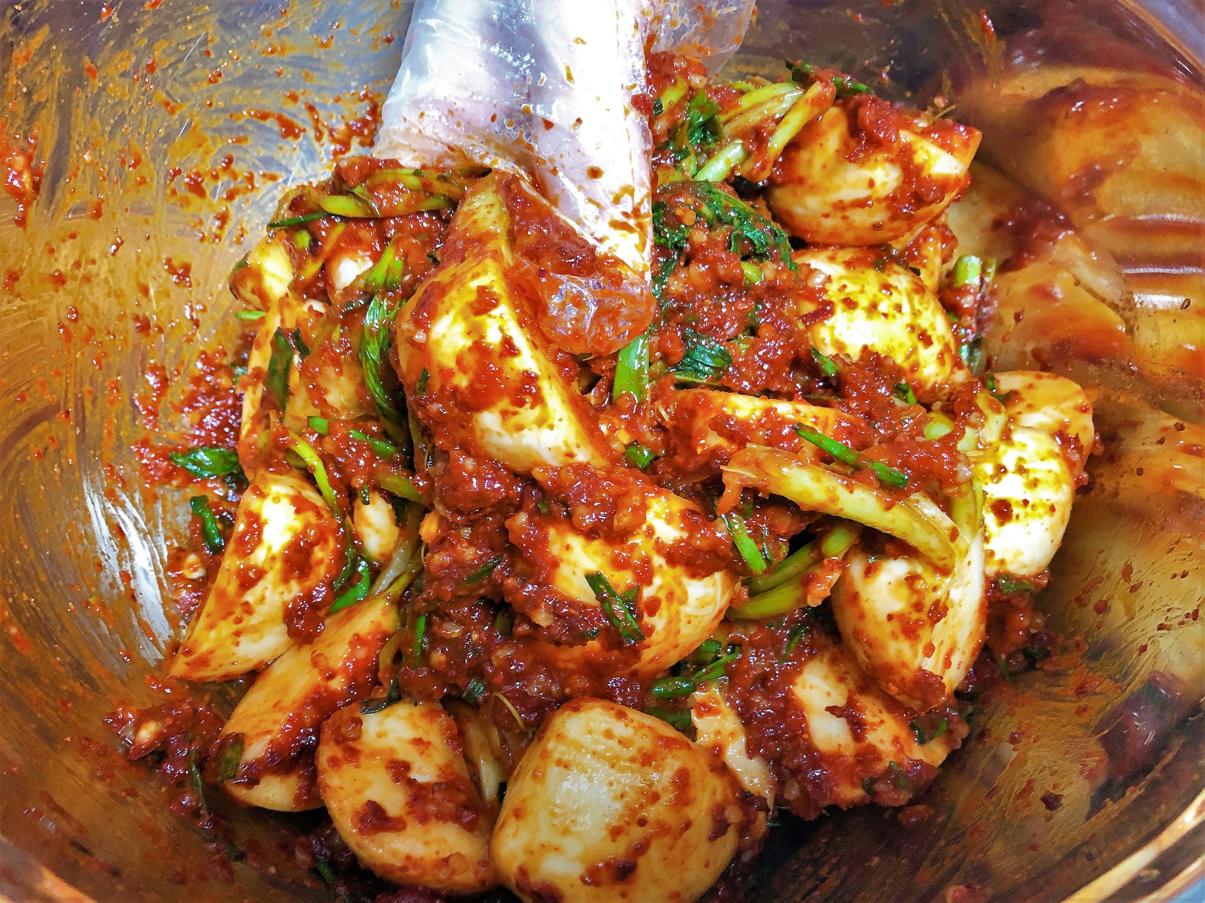 Sliced radishes and green onions mixed with spicy seasoning