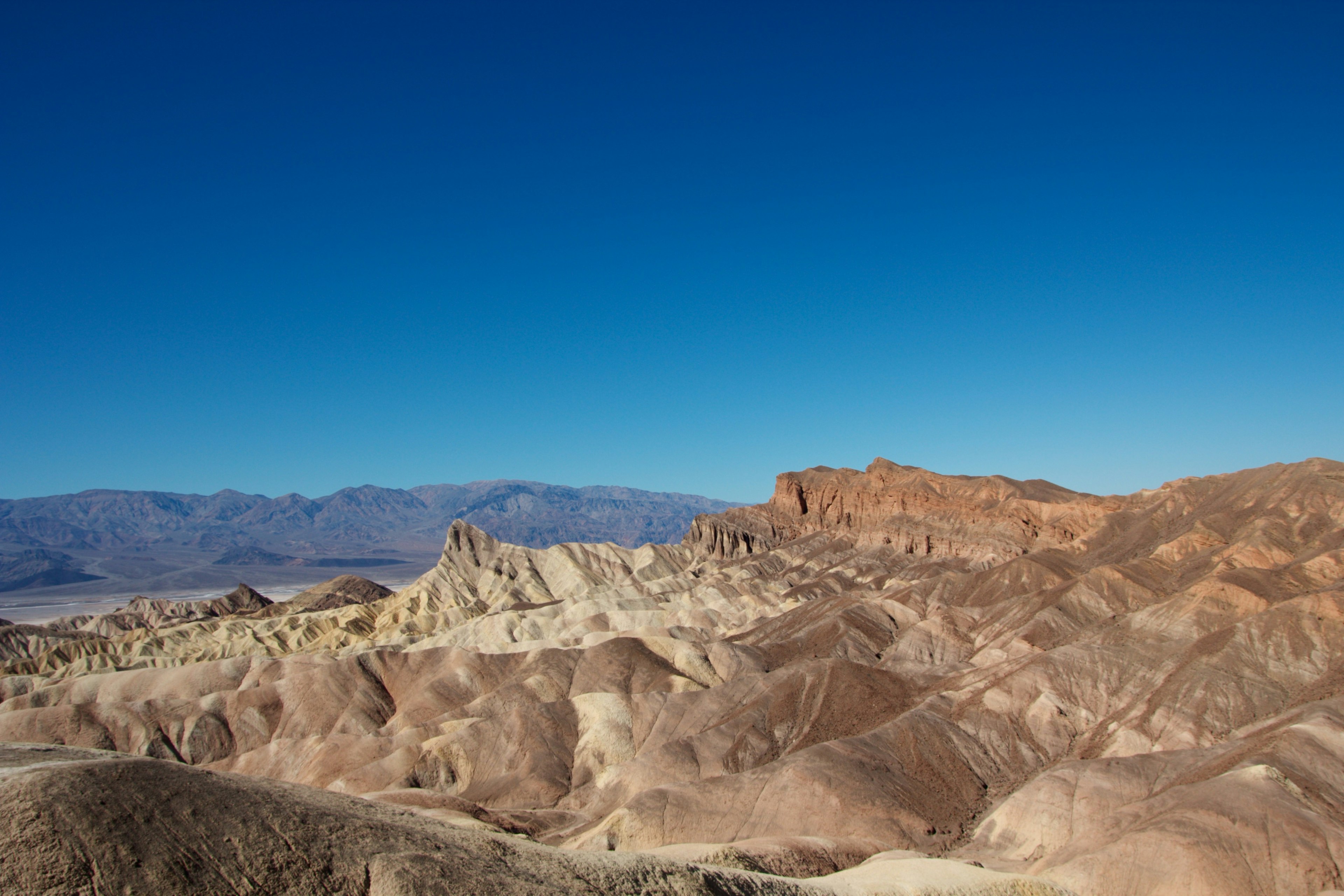 Weite Wüstenlandschaft mit klarem blauen Himmel und Gebirgen im Hintergrund