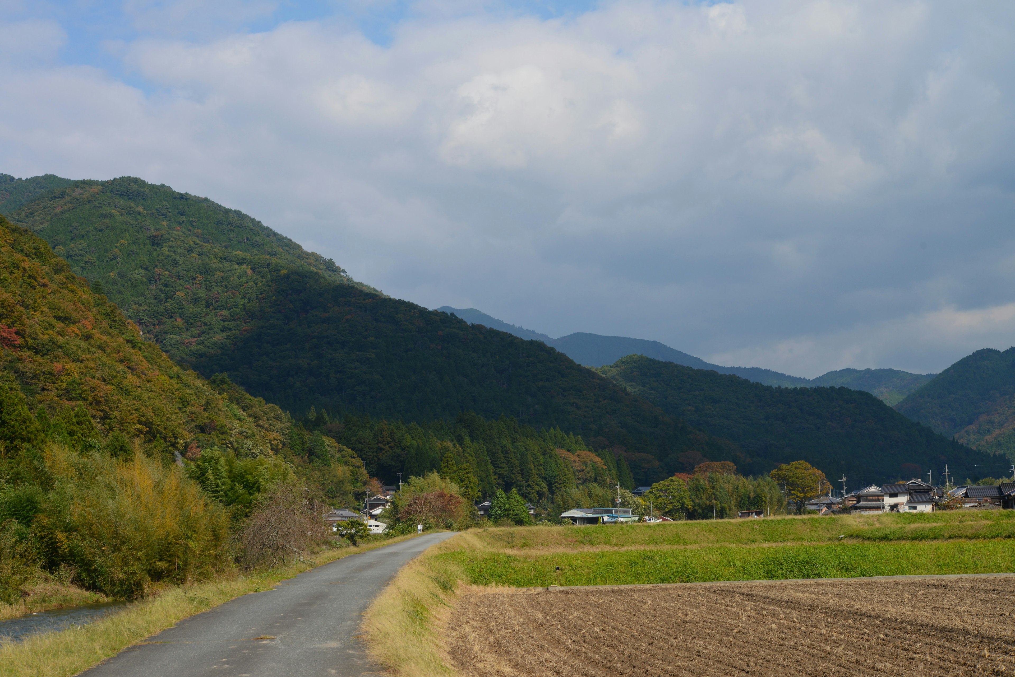 Route rurale entourée de montagnes et de champs