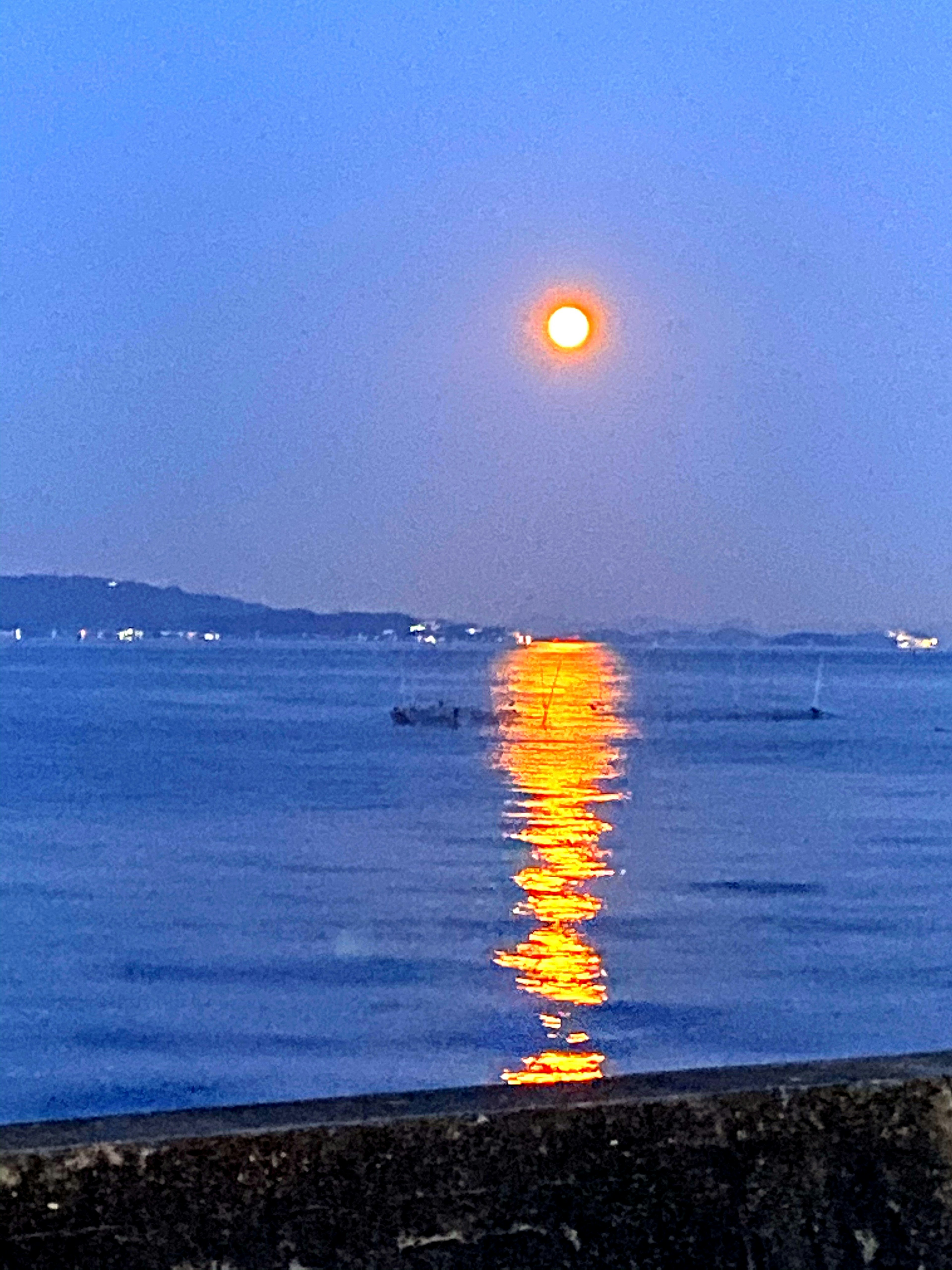 水面に映るオレンジ色の月と青い夜空の美しい風景