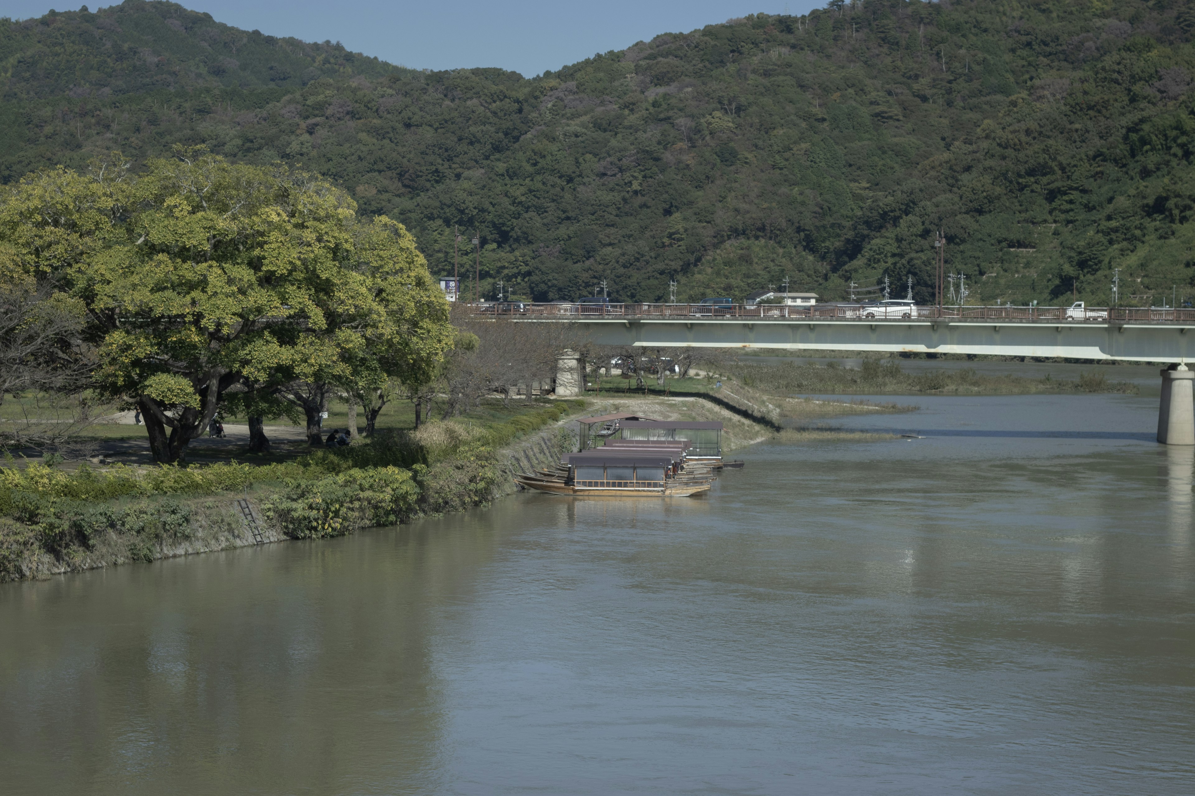 Landschaft mit einem Fluss und einer Brücke grüne Bäume und Hügel im Hintergrund