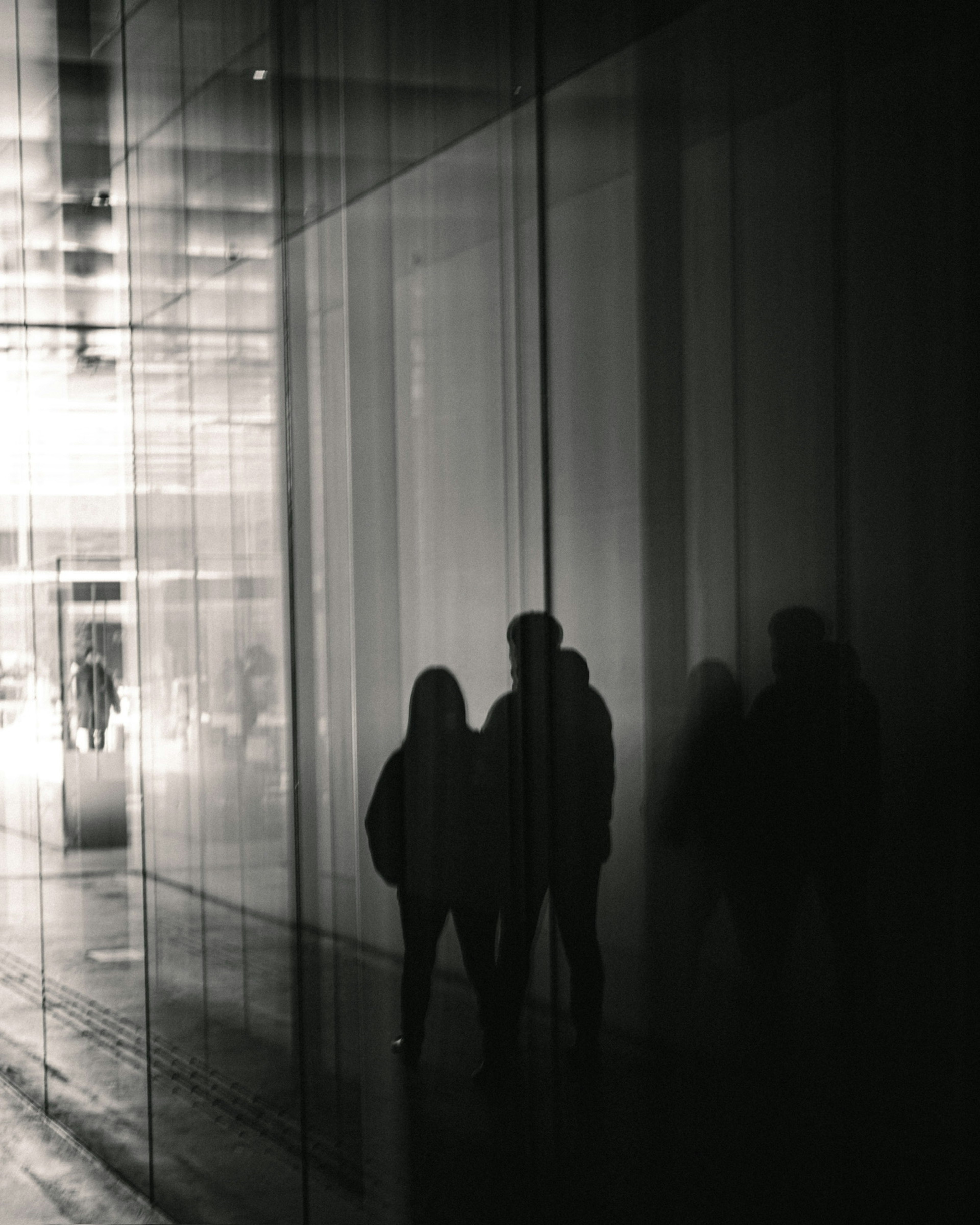 Silhouettes of two people standing in front of a glass wall with a monochrome urban background