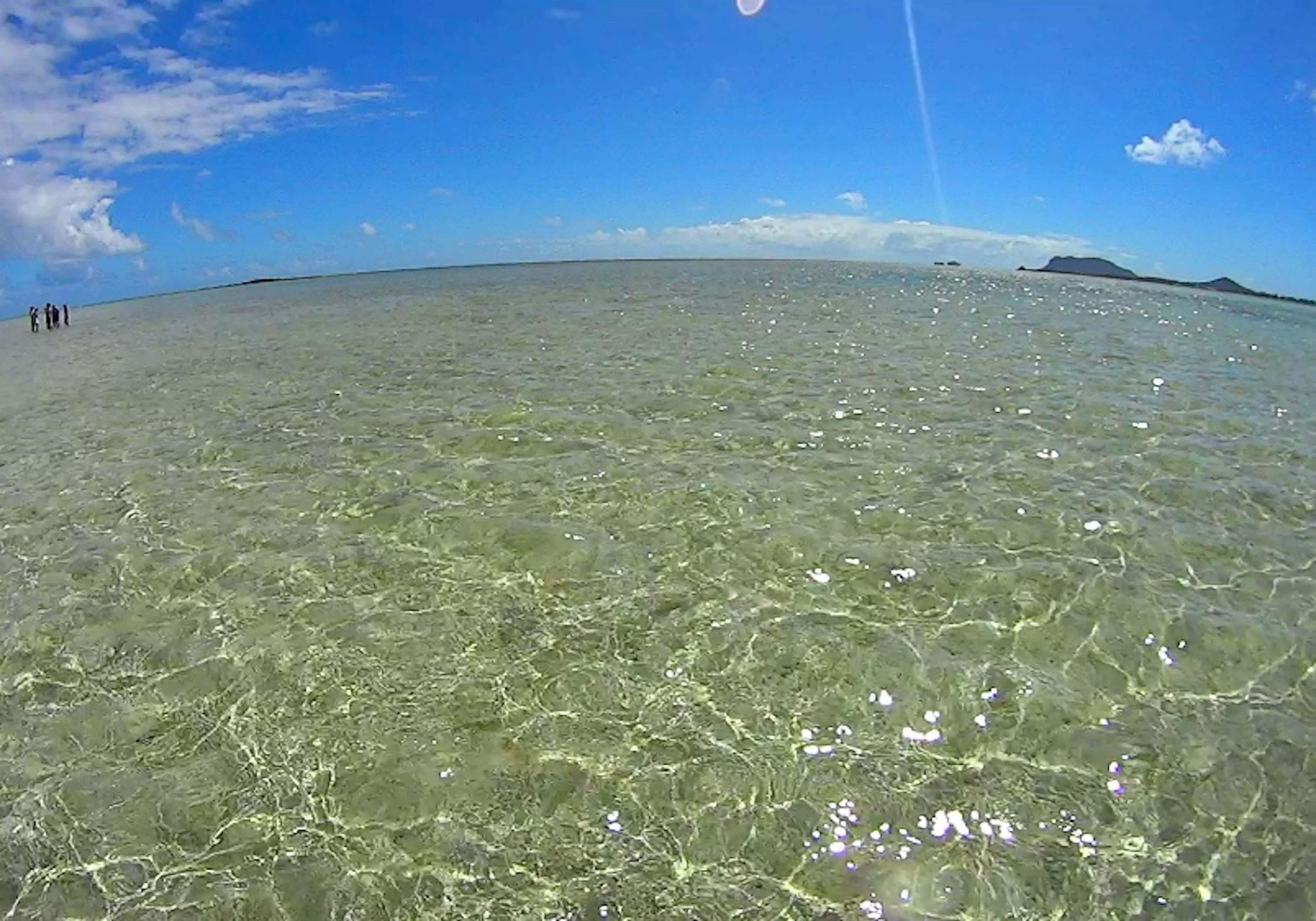 Clear ocean water under a bright blue sky with a distant island