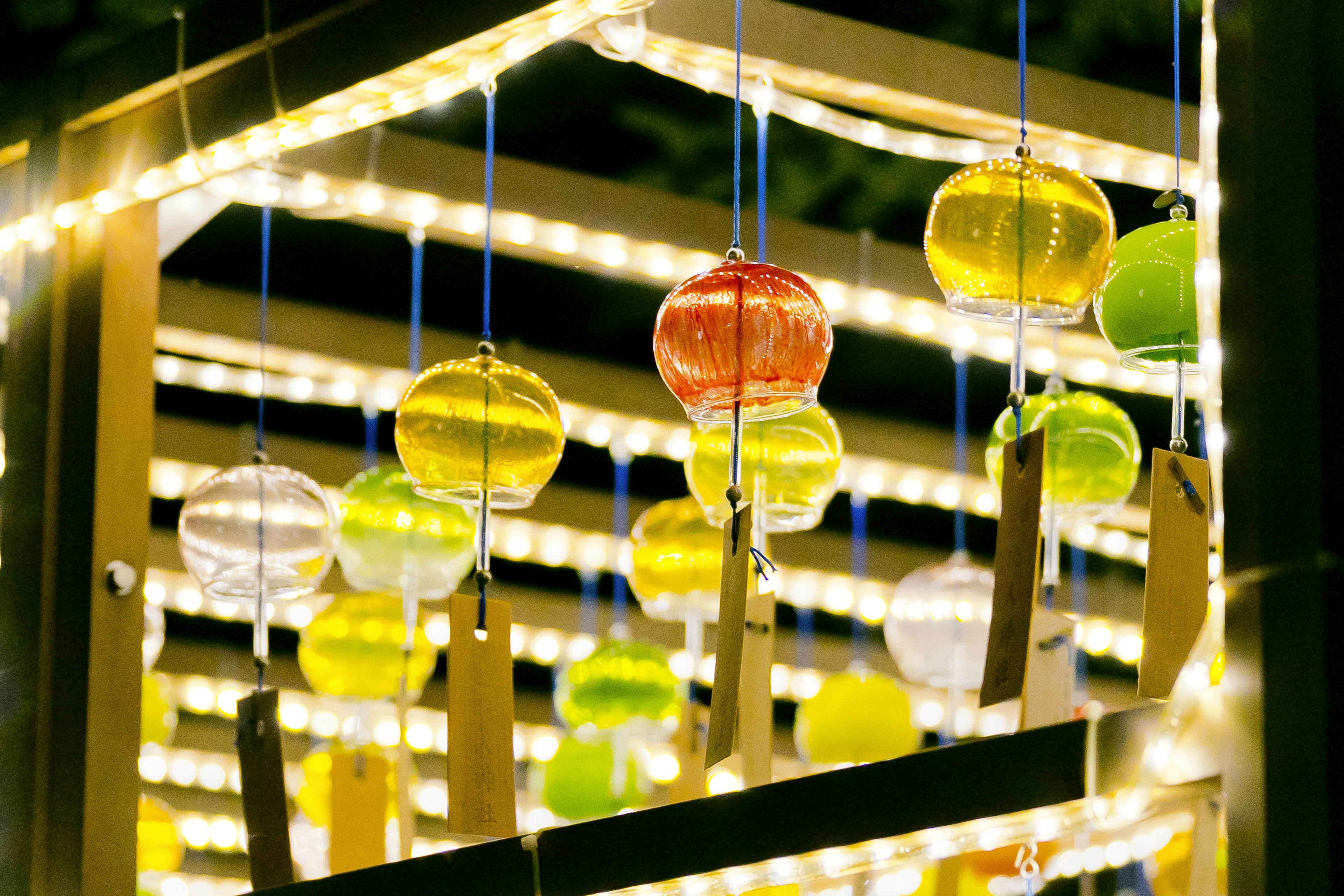 Colorful lanterns hanging in decorative lighting