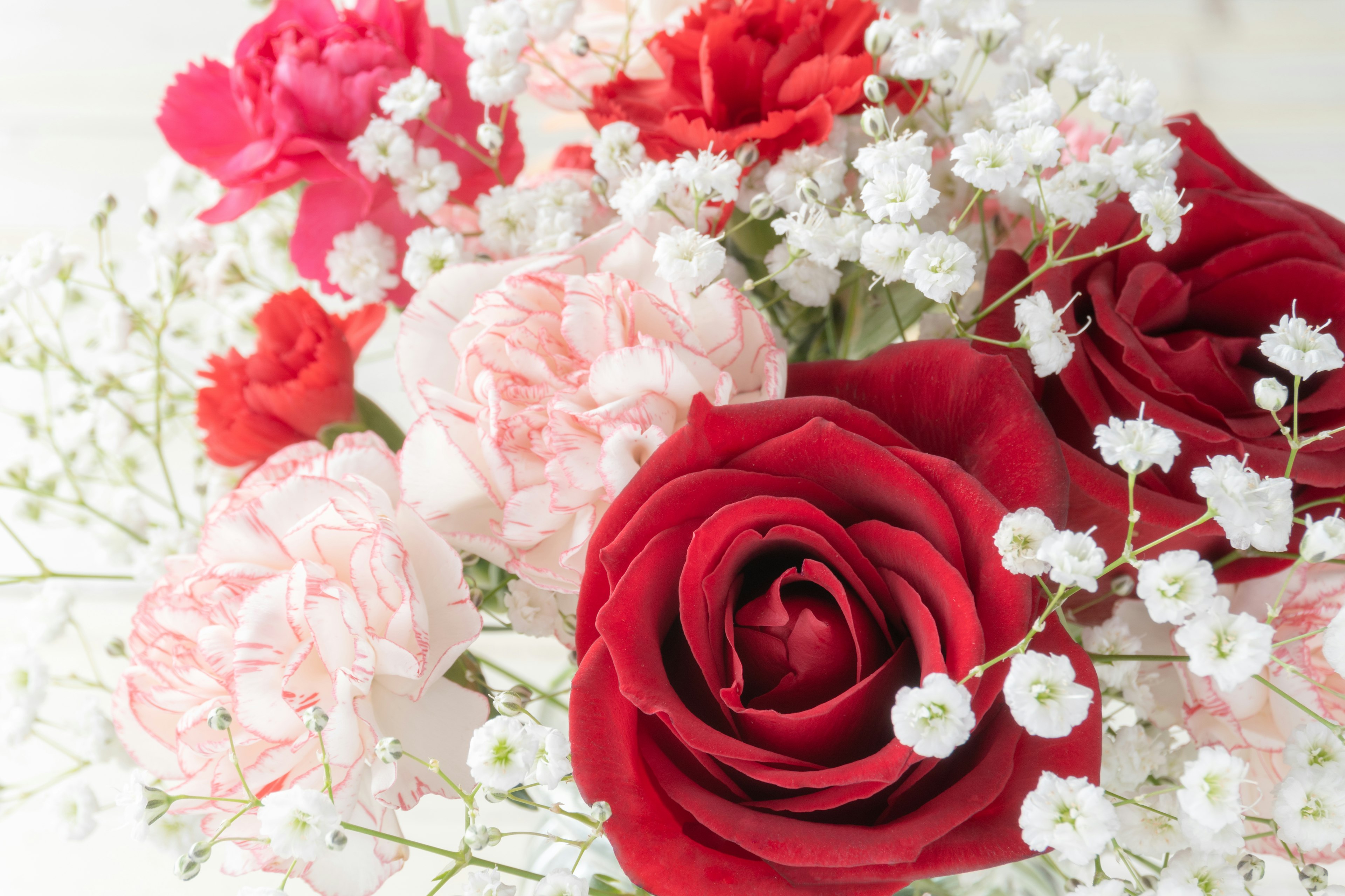 Un bouquet avec des roses rouges et des œillets roses accentués de gypsophile blanc