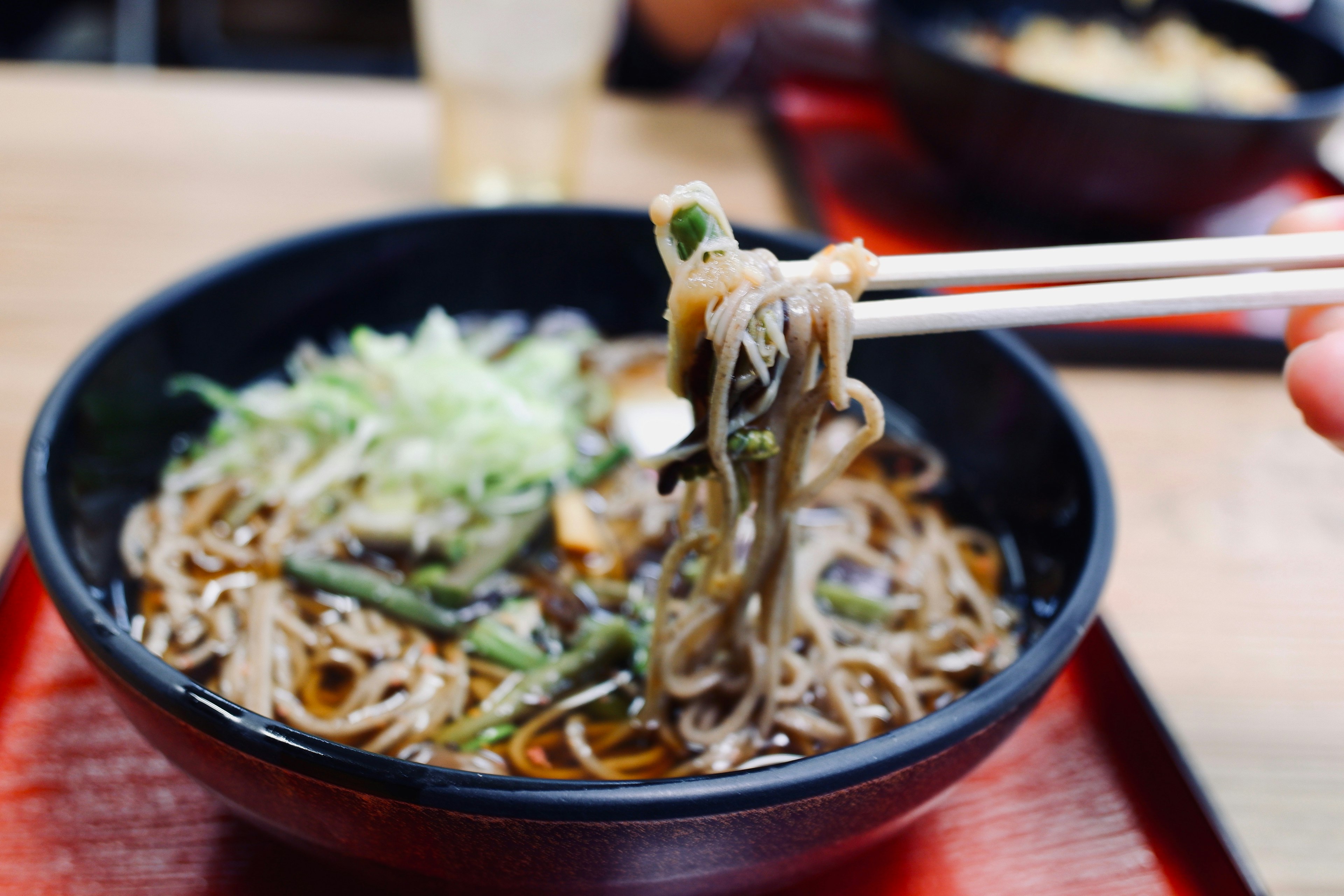 A hand holding chopsticks picking up soba noodles from a bowl