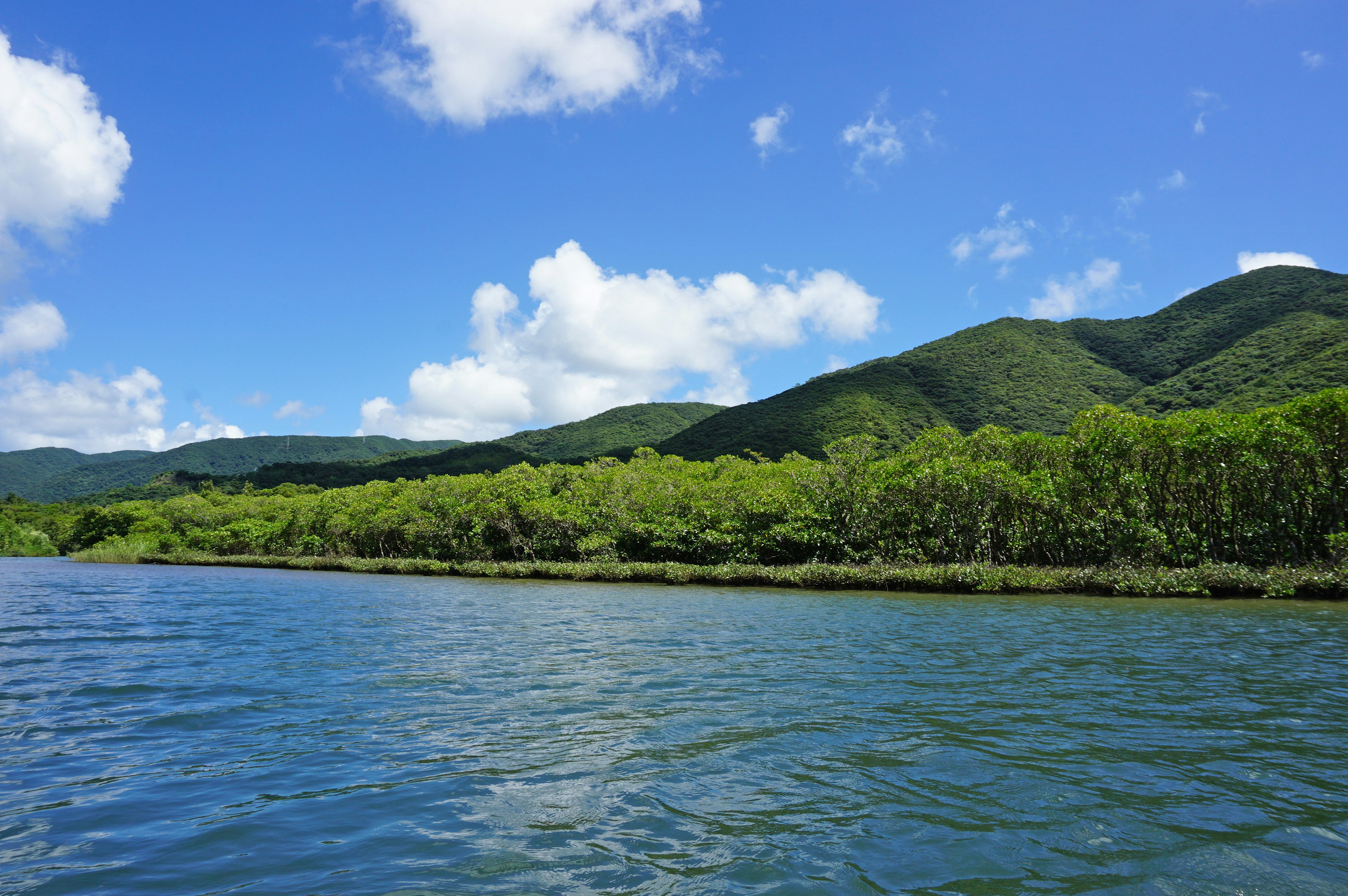 Montagnes verdoyantes sous un ciel bleu avec des nuages blancs réfléchis sur l'eau calme