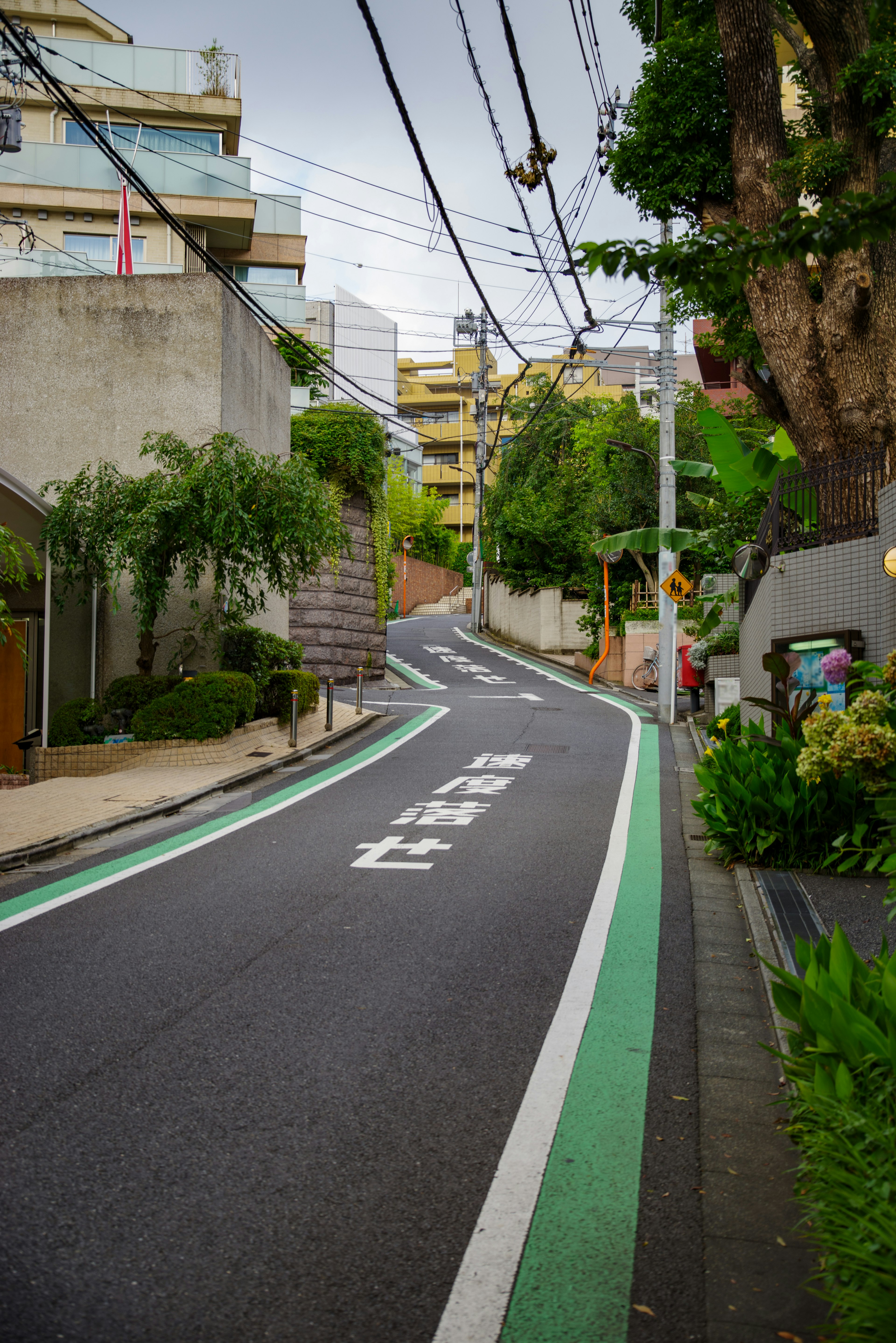 Una calle en pendiente con marcas verdes y edificios circundantes