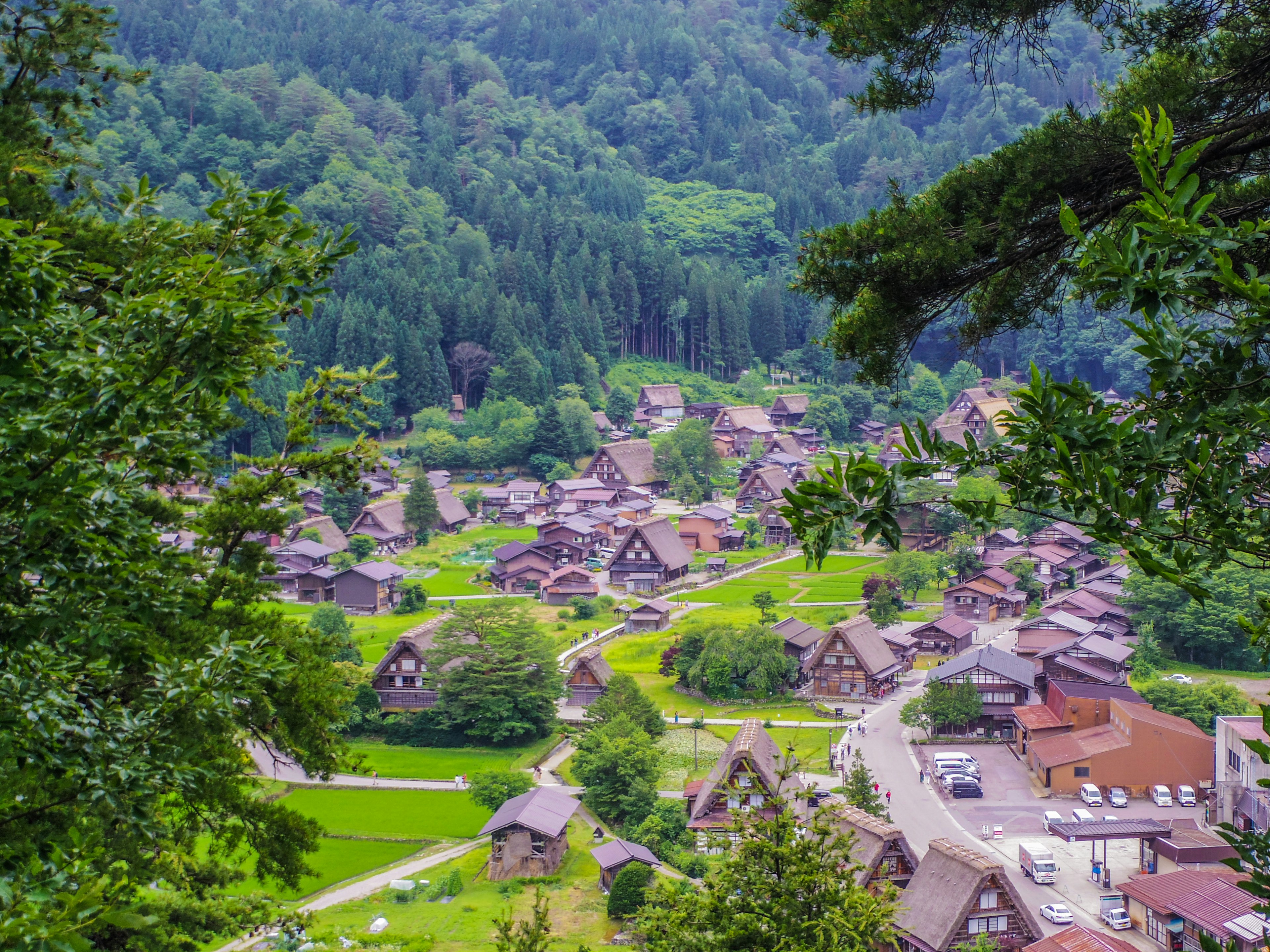 美しい山に囲まれた伝統的な合掌造りの村の風景