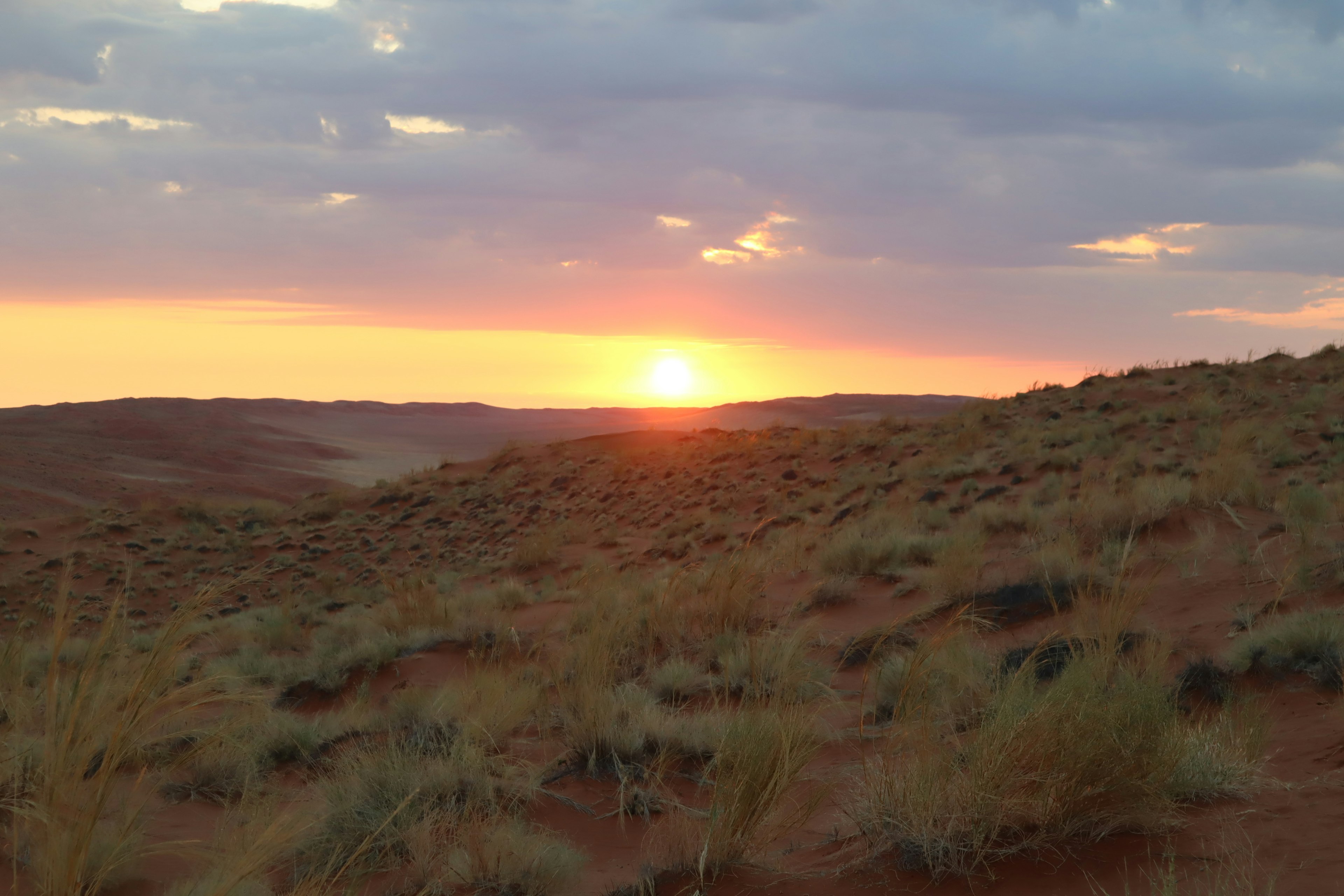 Paisaje desértico con atardecer y colinas cubiertas de hierba