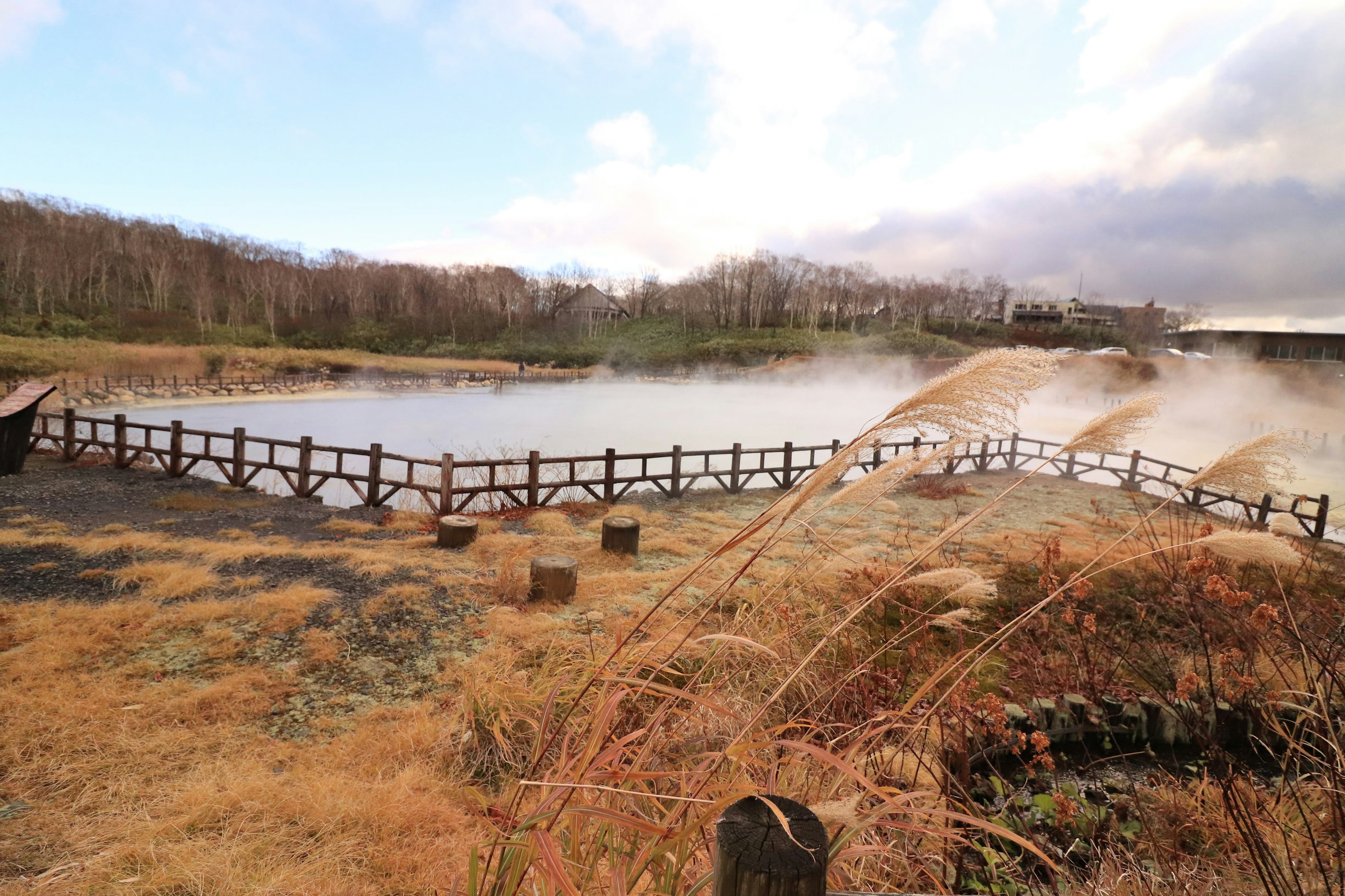 Vista panoramica di uno stagno con una recinzione in legno circondato dalla natura