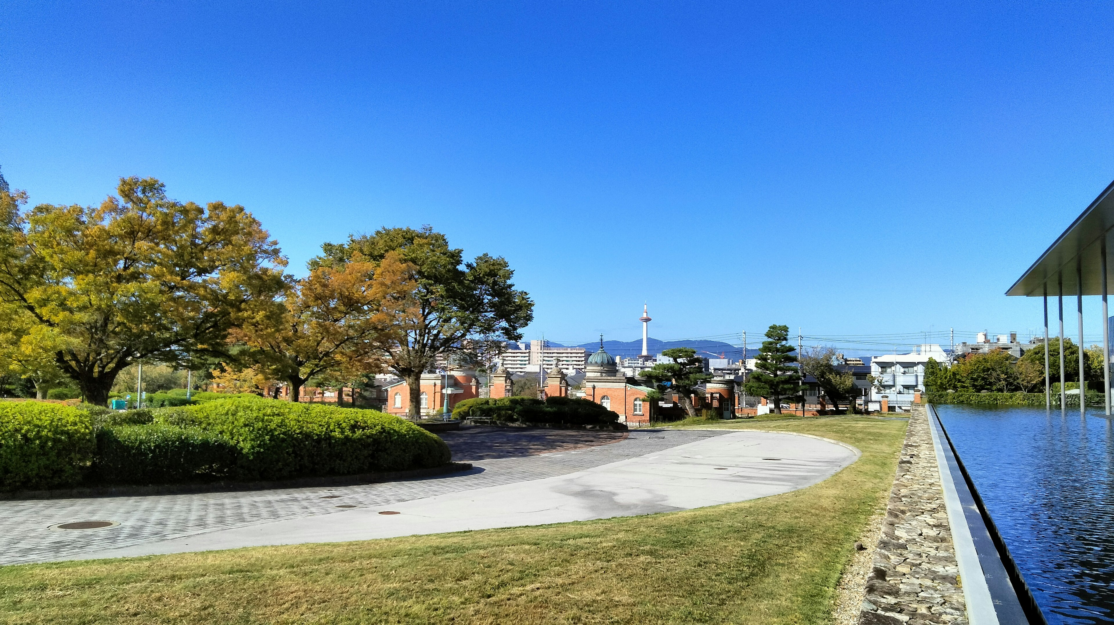 Park scene under blue sky featuring green trees and paved path