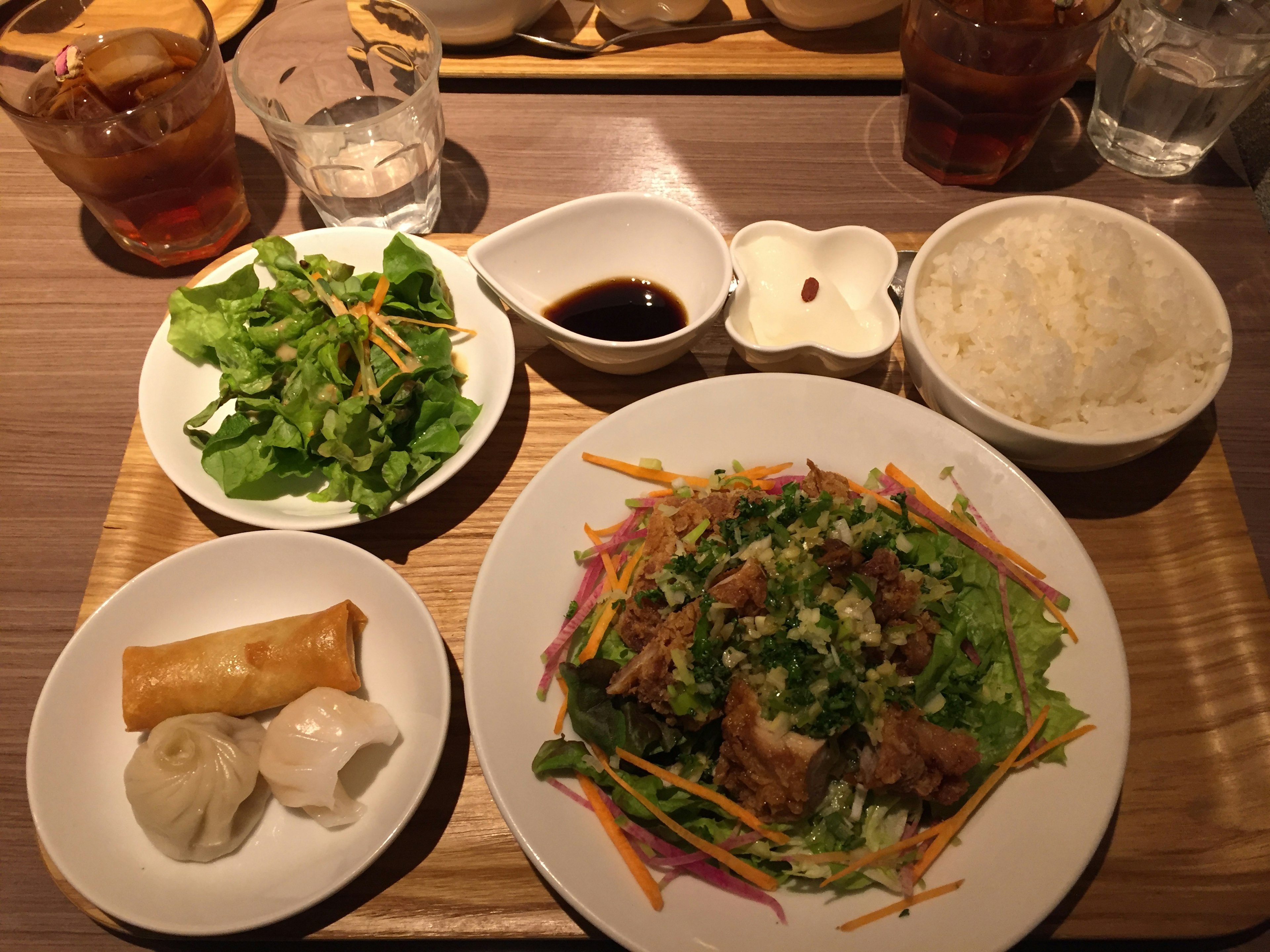 美味的中餐盤子，配沙拉，春捲，餃子和白飯