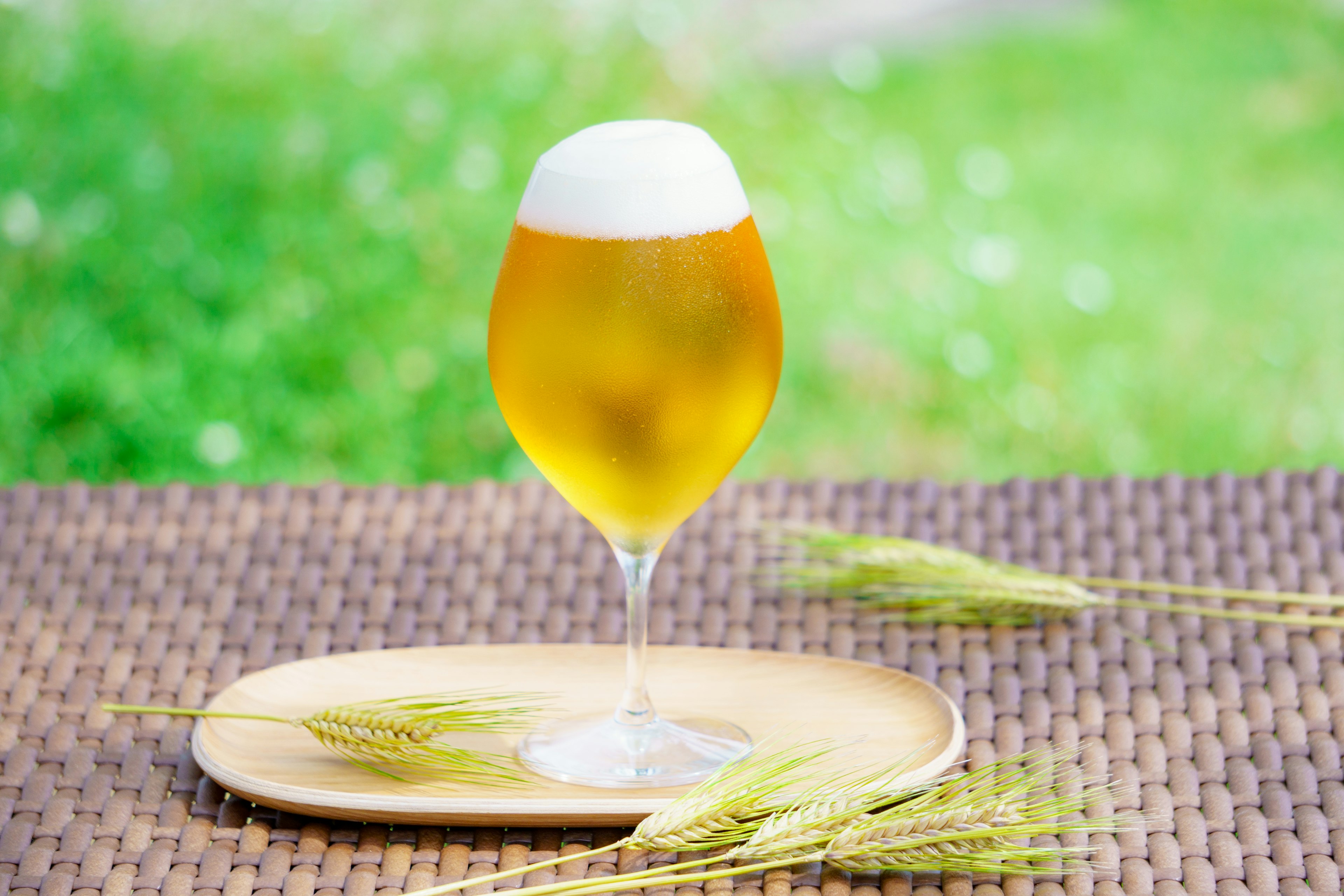 A glass of foamy beer on a plate with green background