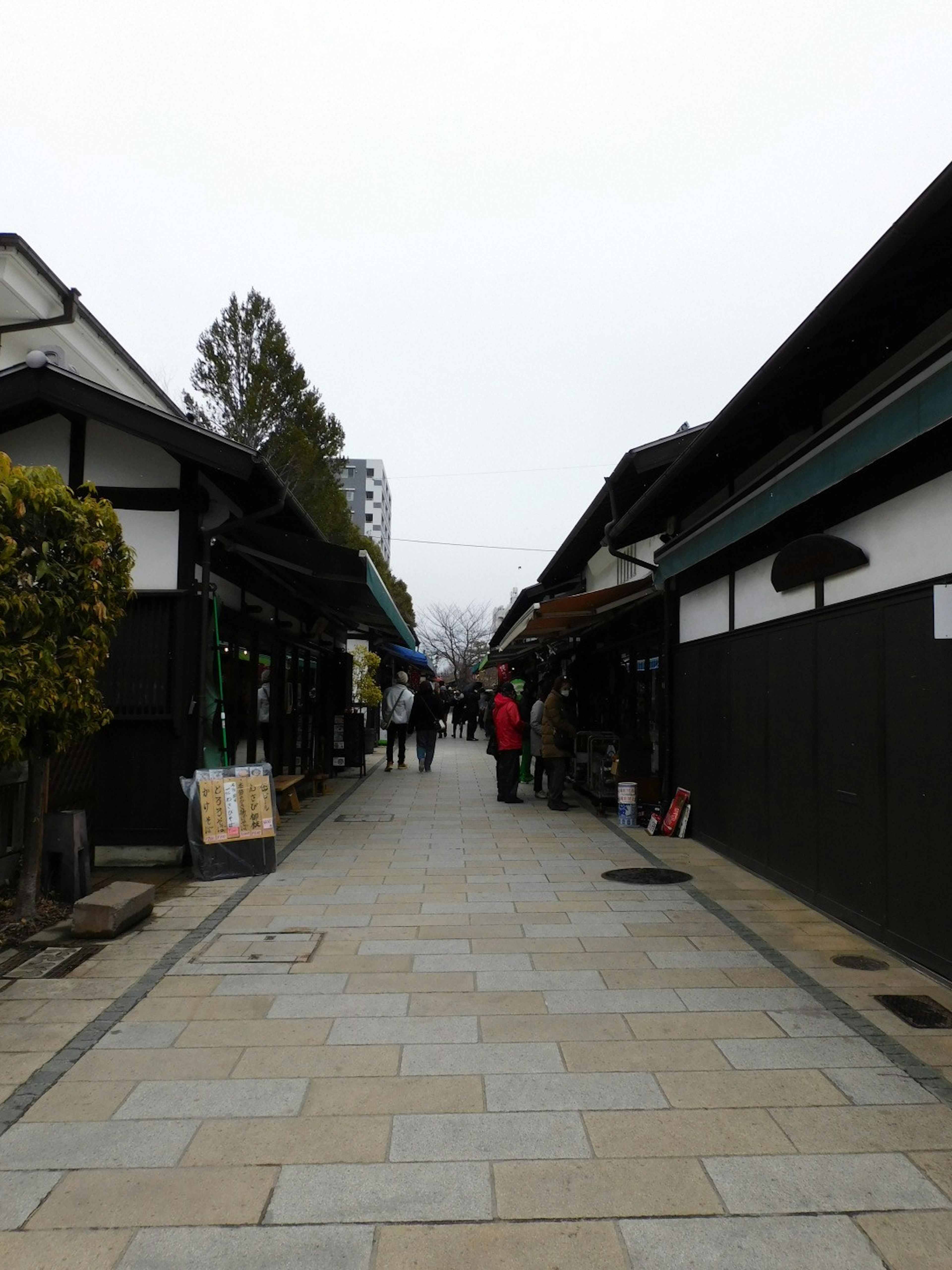 Narrow street lined with traditional Japanese buildings and people