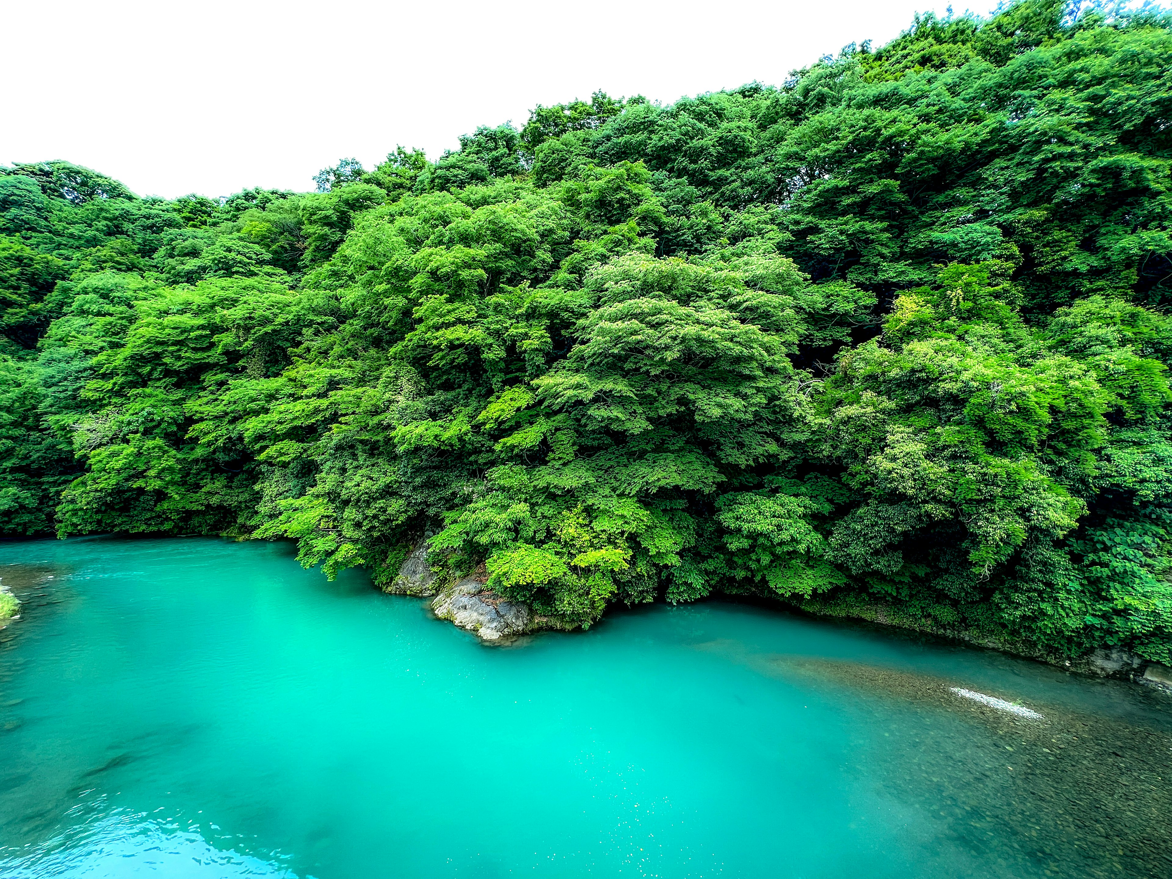 Natural landscape featuring lush green cliffs and turquoise water