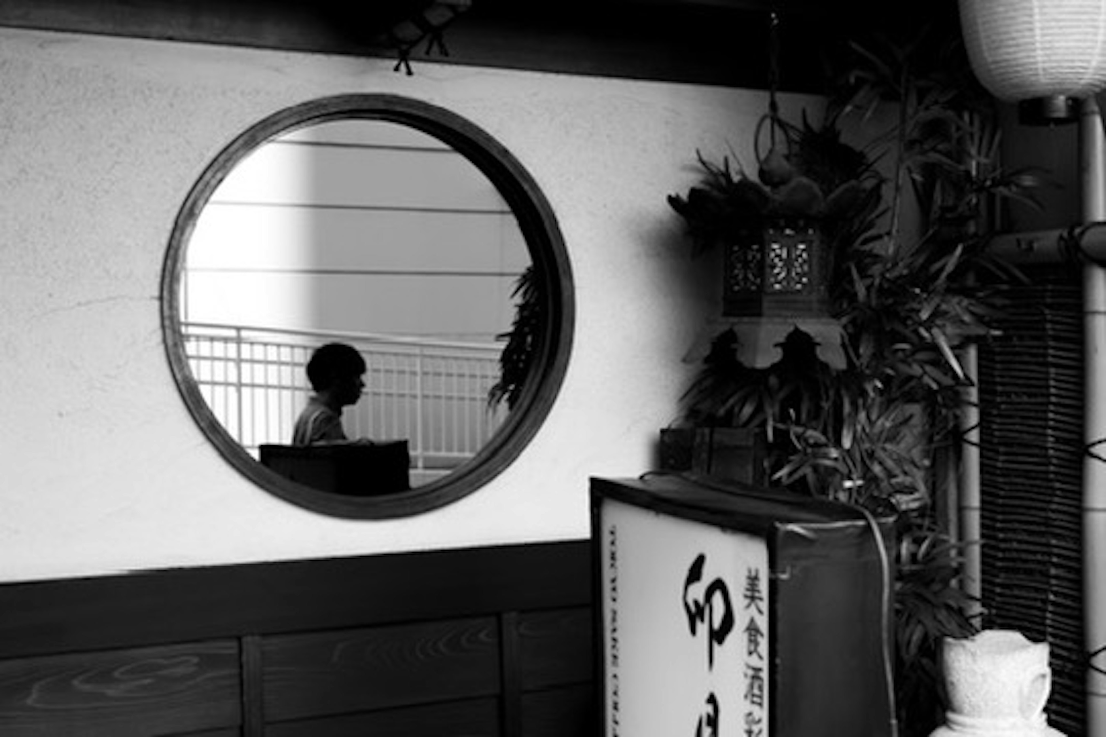 Silhouette of a child seen through a circular window with decorative plants